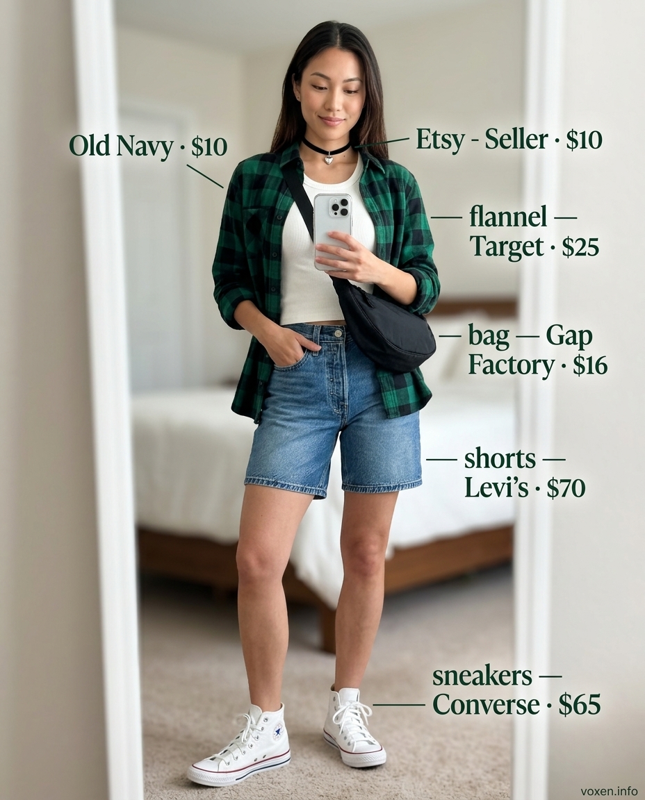 Retro Cool Girl Shorts Outfit 2026 Retro cool girl outfit with denim shorts, oversized flannel, and canvas sneakers. Summer Cutoff Denim Shorts Outfits 2026.