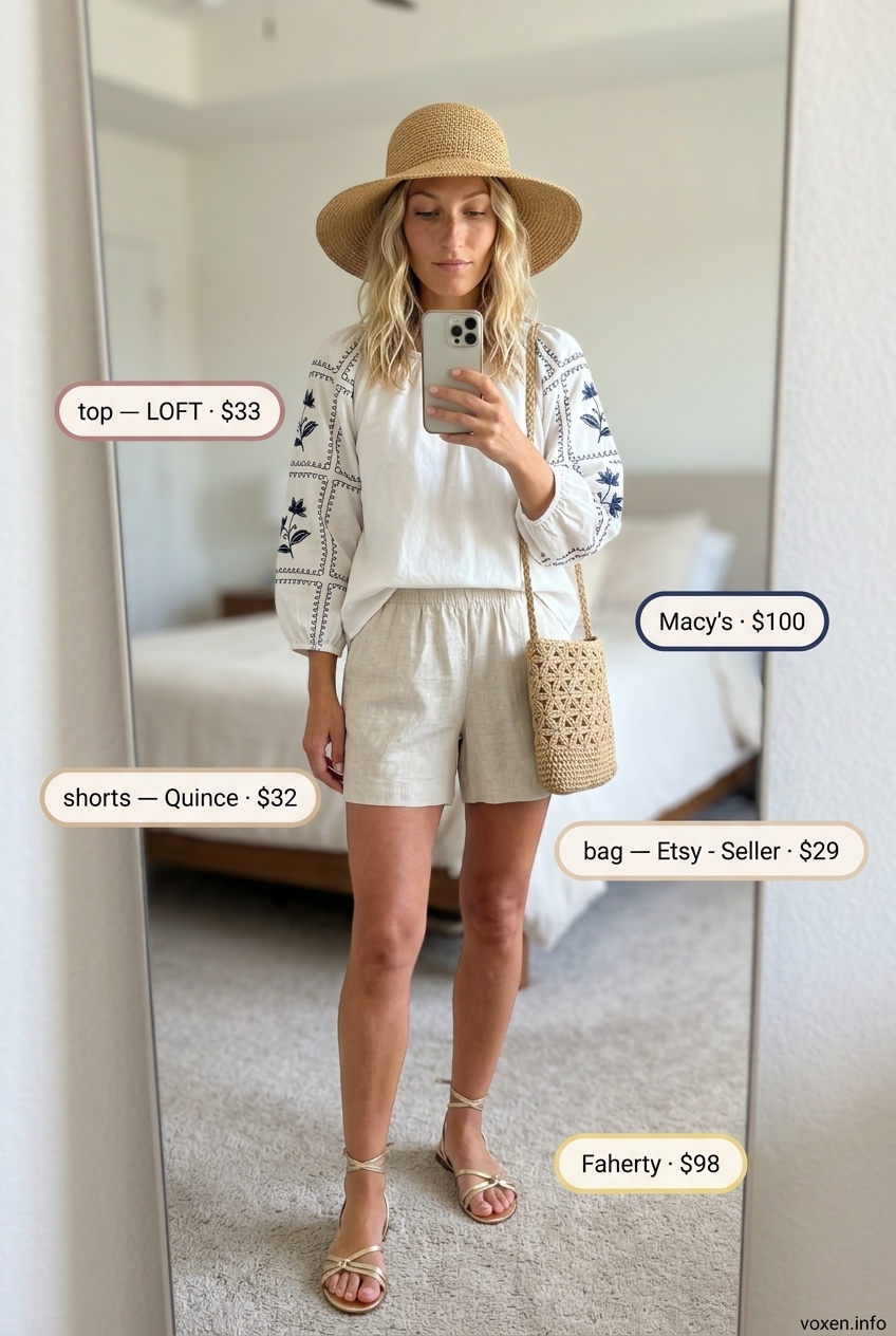 Coastal Summer Cutoff Denim Shorts Outfits 2026: Sunset Cruise Elegant Summer Cutoff Denim Shorts Outfits 2026: High-waisted linen shorts with peasant blouse for sunset.