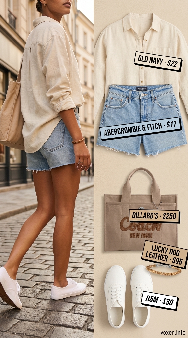 Relaxed Summer Denim Shorts Outfits 2026: Weekend Explorer Summer Cutoff Denim Shorts Outfits 2026: Distressed denim shorts with an oversized linen shirt and canvas sneakers for a weekend getaway.