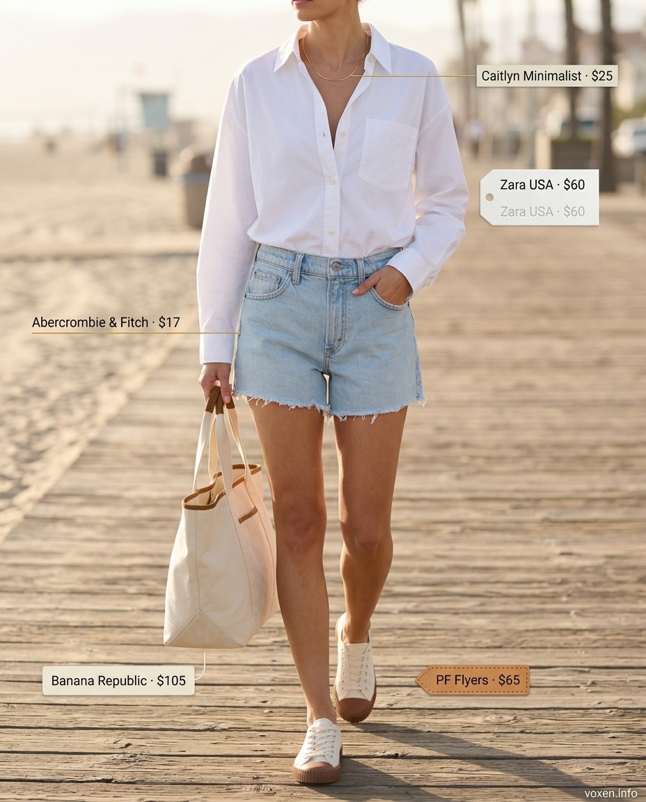 Weekend Getaway Shorts Outfit 2026 Relaxed weekend outfit with high-waisted cutoff denim shorts and an oversized button-down shirt. Summer Cutoff Denim Shorts Outfits 2026.