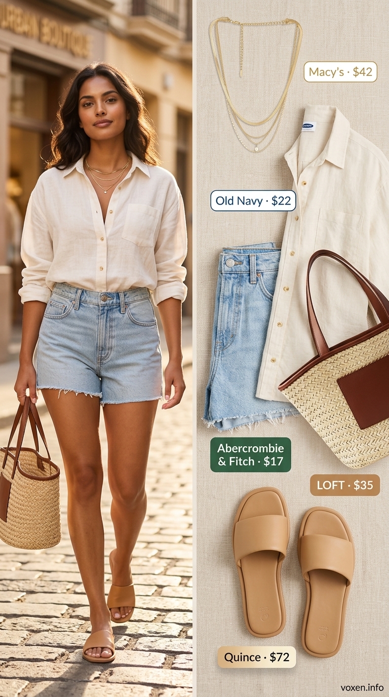 Effortless Summer Cutoff Denim Shorts Outfits 2026: Weekend Vibe Weekend Summer Cutoff Denim Shorts Outfits 2026: Light wash frayed shorts with oversized white linen shirt.
