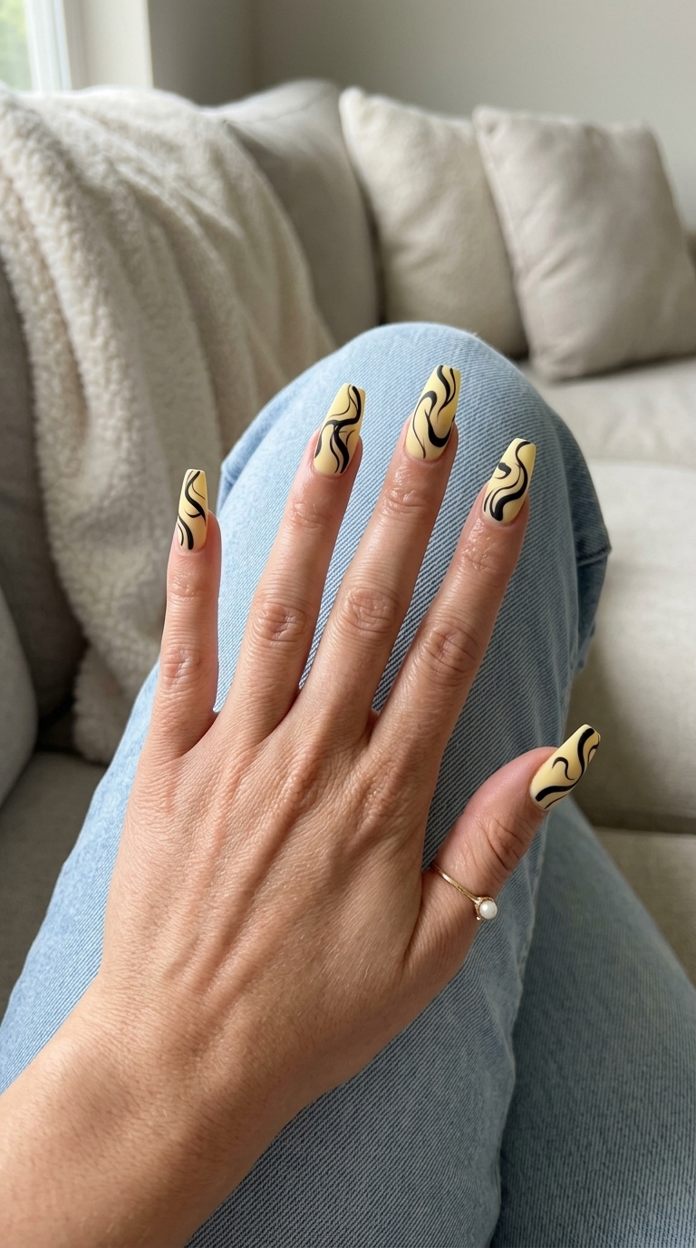 Butter Yellow Swirls Matte Nails 2026 Abstract Sunshine Swirls Dip nails in butter yellow and black with matte finish for summer dip nails 2026.