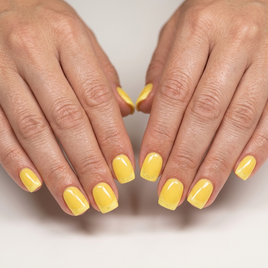 Butter Yellow Glitter French 2026 Sunshine Butter Yellow Glitter French Dip nails for summer dip nails 2026.