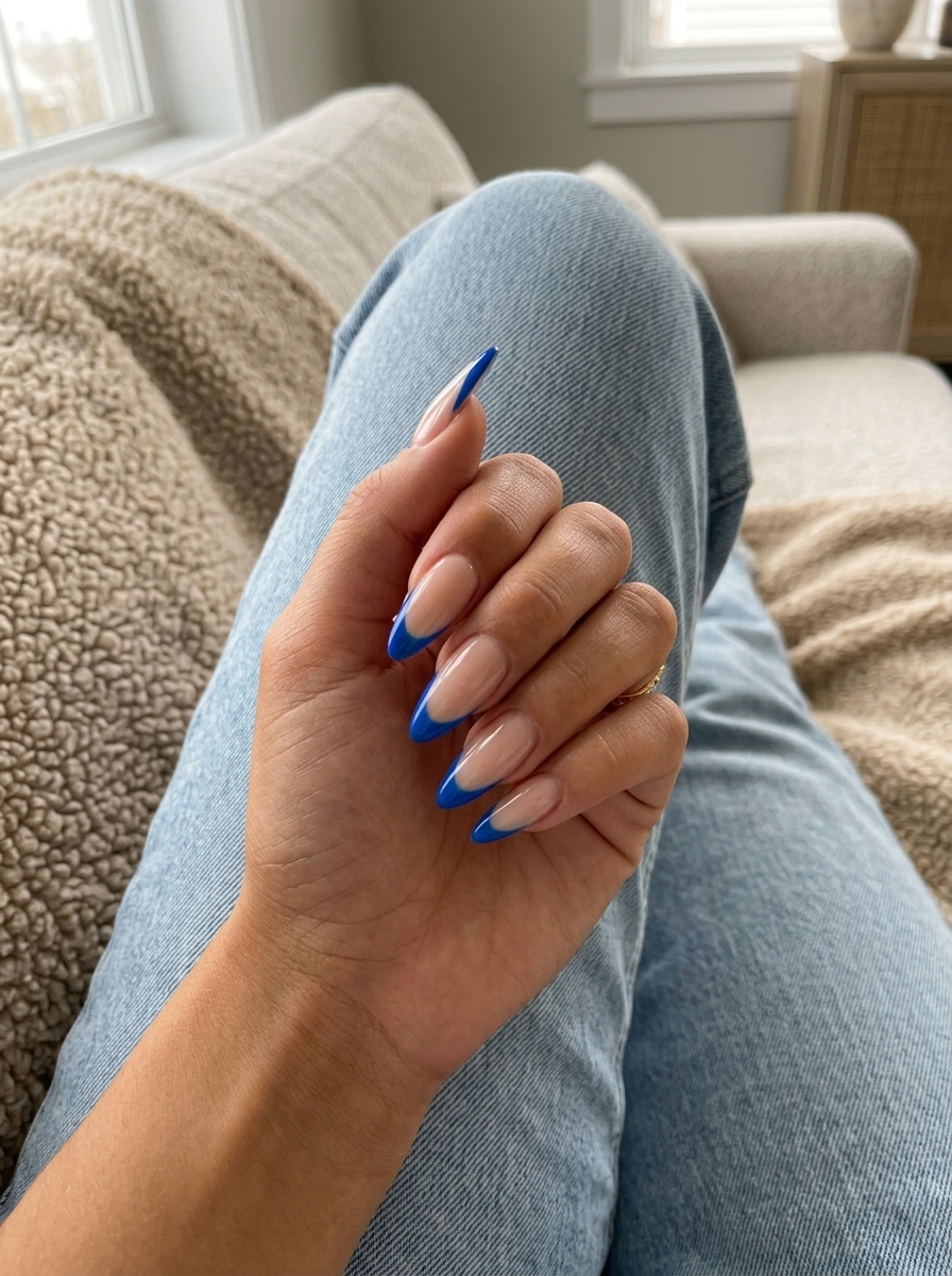 Electric Blue Reverse French Dip 2026 Electric Blue Reverse French Dip nails with vibrant blue tips for summer dip nails 2026.