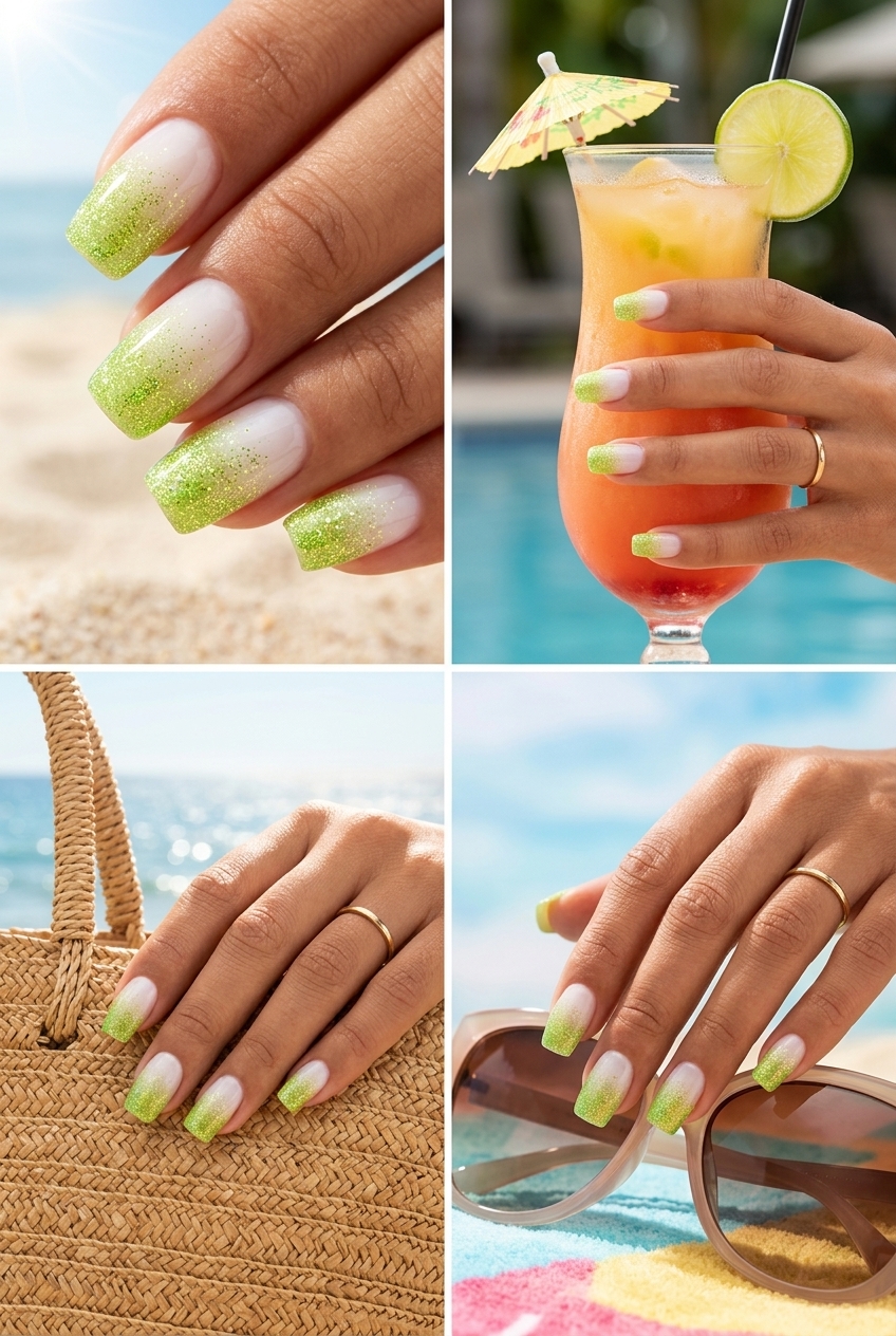 Lime Glitter Gradient Dip Nails 2026 Sparkling Lime Green Glitter Gradient Dip nails for summer dip nails 2026.
