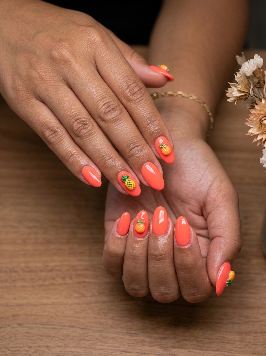Coral Fruit Charm Oval Nails 2026 Tropical Coral 3D Charms Medium Oval nails with fruit charms for summer dip nails 2026.