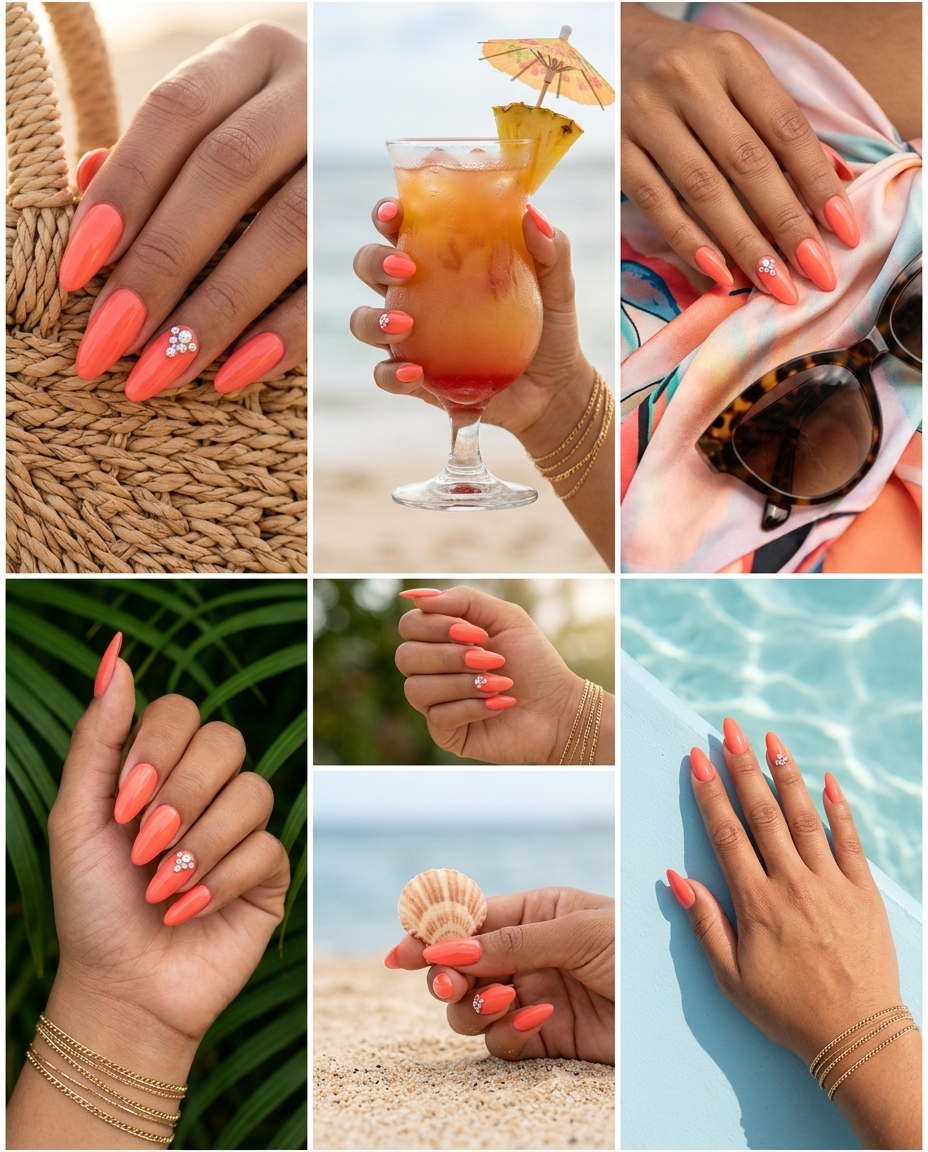 Tropical Coral Charm Nails 2026 Tropical Coral Dip nails with iridescent charms for summer dip nails 2026.