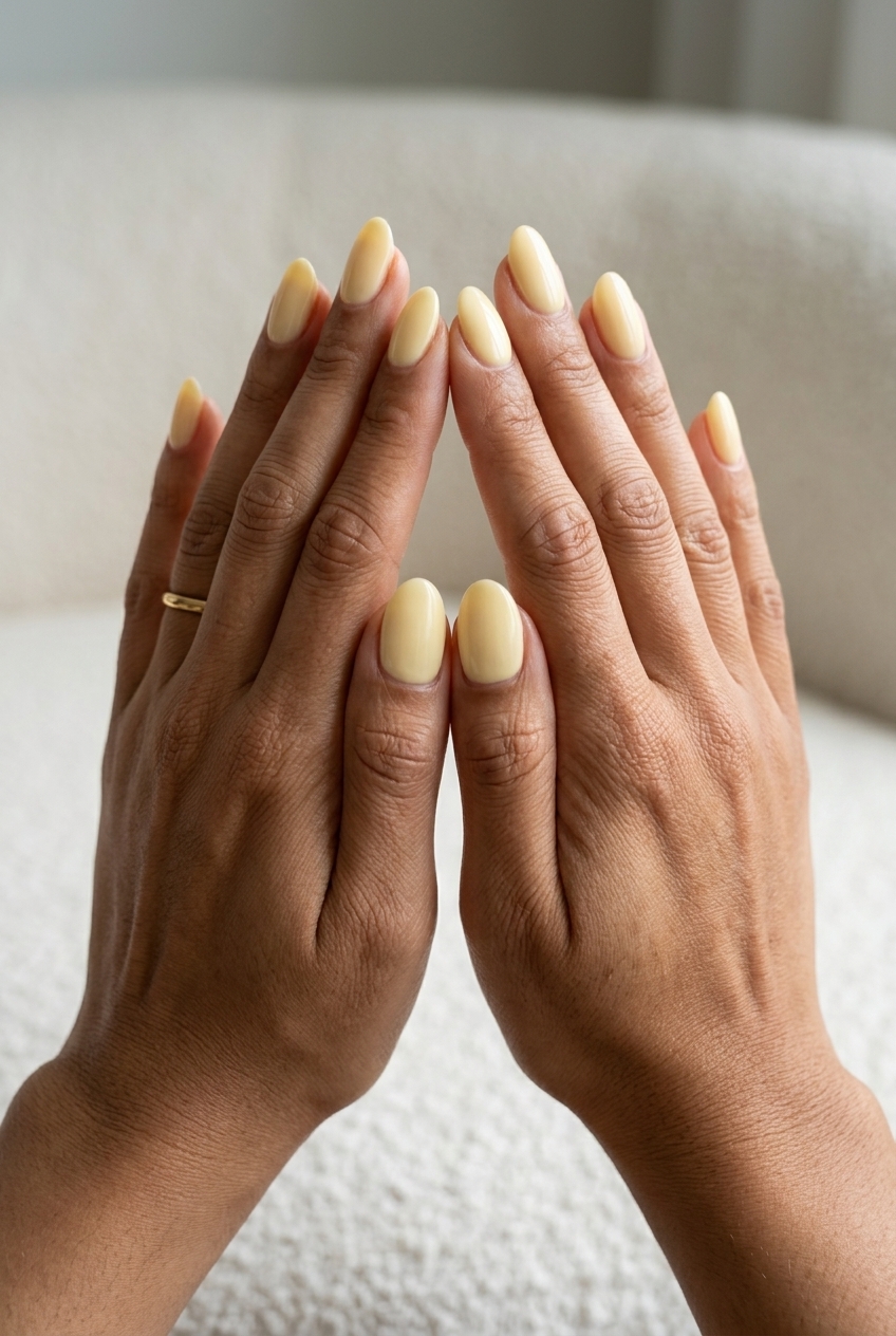 Butter Yellow Oval Nails 2026 Butter Yellow Milky Oval nails: creamy opaque finish for summer dip nails 2026 office wear.