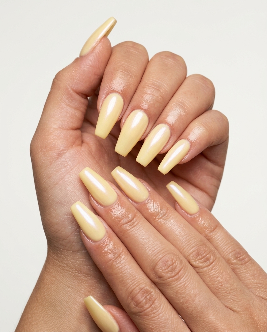 Butter Yellow Pearlescent Coffin Nails 2026 Butter Yellow Pearlescent Coffin nails: creamy yellow with shimmer for summer dip nails 2026 brunch.