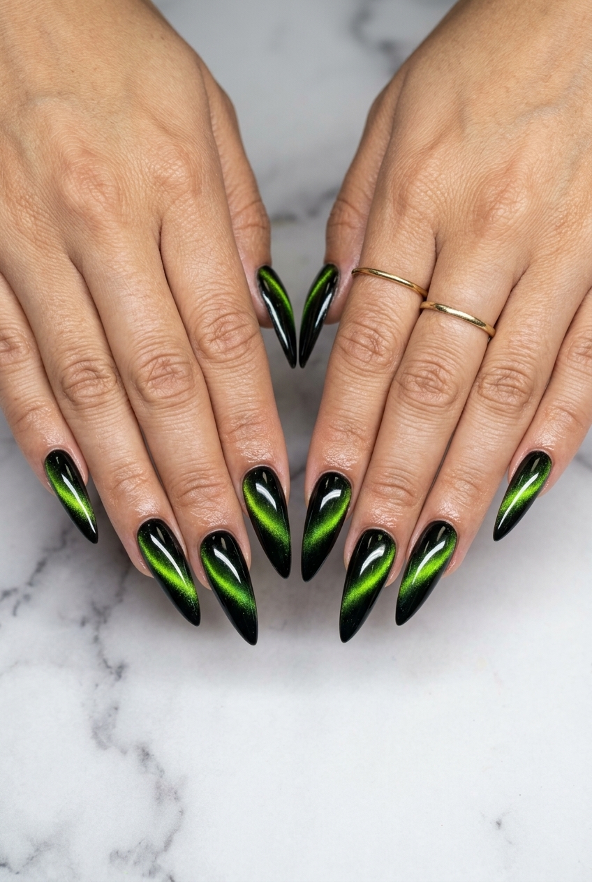Lime Green Cat-Eye Stiletto Nails 2026 Lime Green Cat-Eye Stiletto nails: black base with shifting green for summer dip nails 2026.