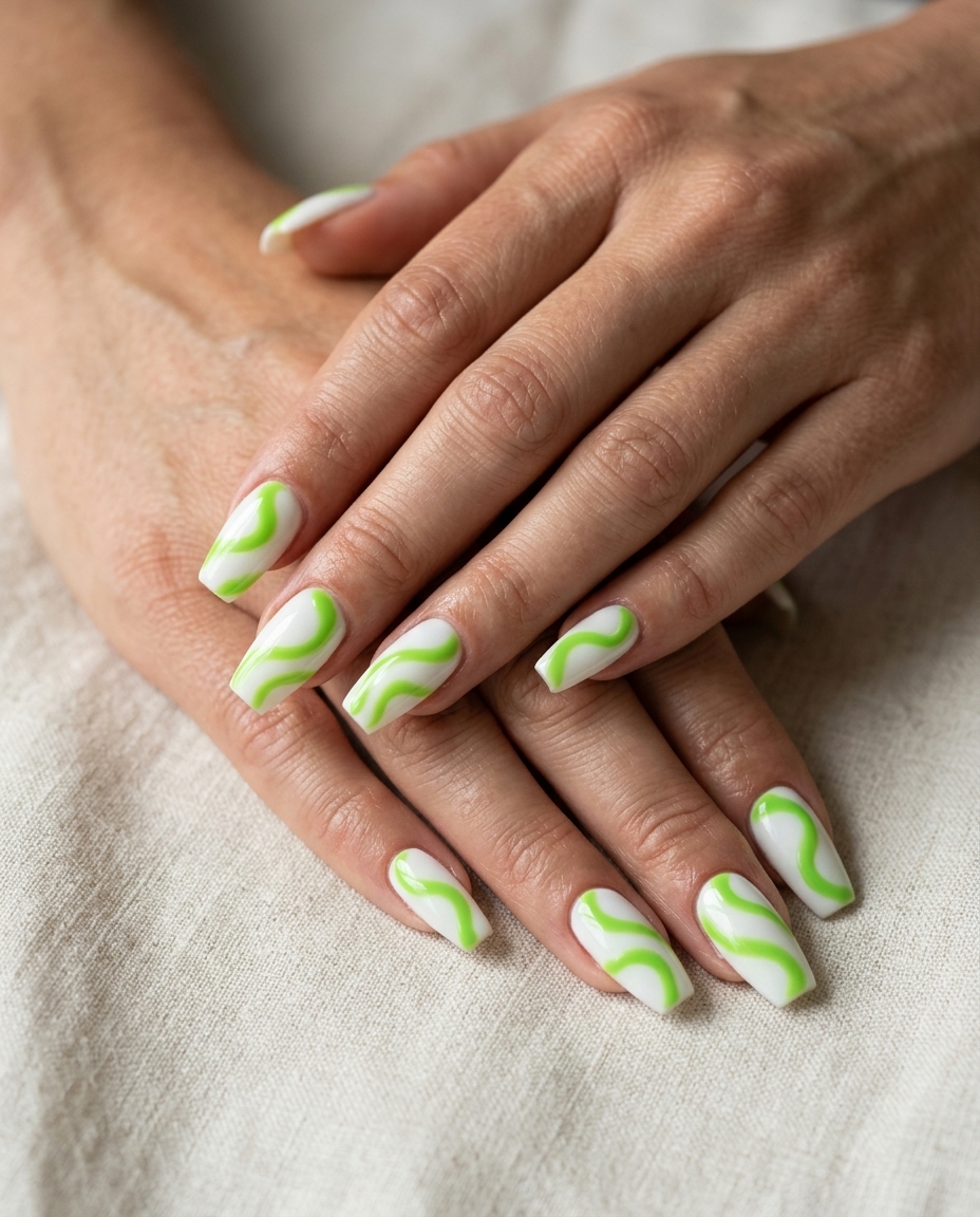 Lime Green Swirls Coffin Nails 2026 Lime Green Swirls Medium Coffin nails: crisp white with vibrant lime green for summer dip nails 2026.