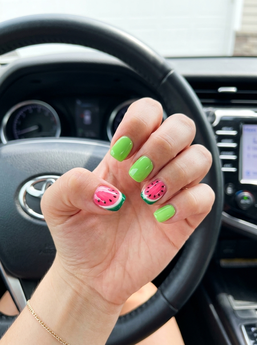 Tropical Fruit Accent Nails 2026 Tropical Fruit Accent nails: lime green with watermelon slice for summer dip nails 2026 vacation.