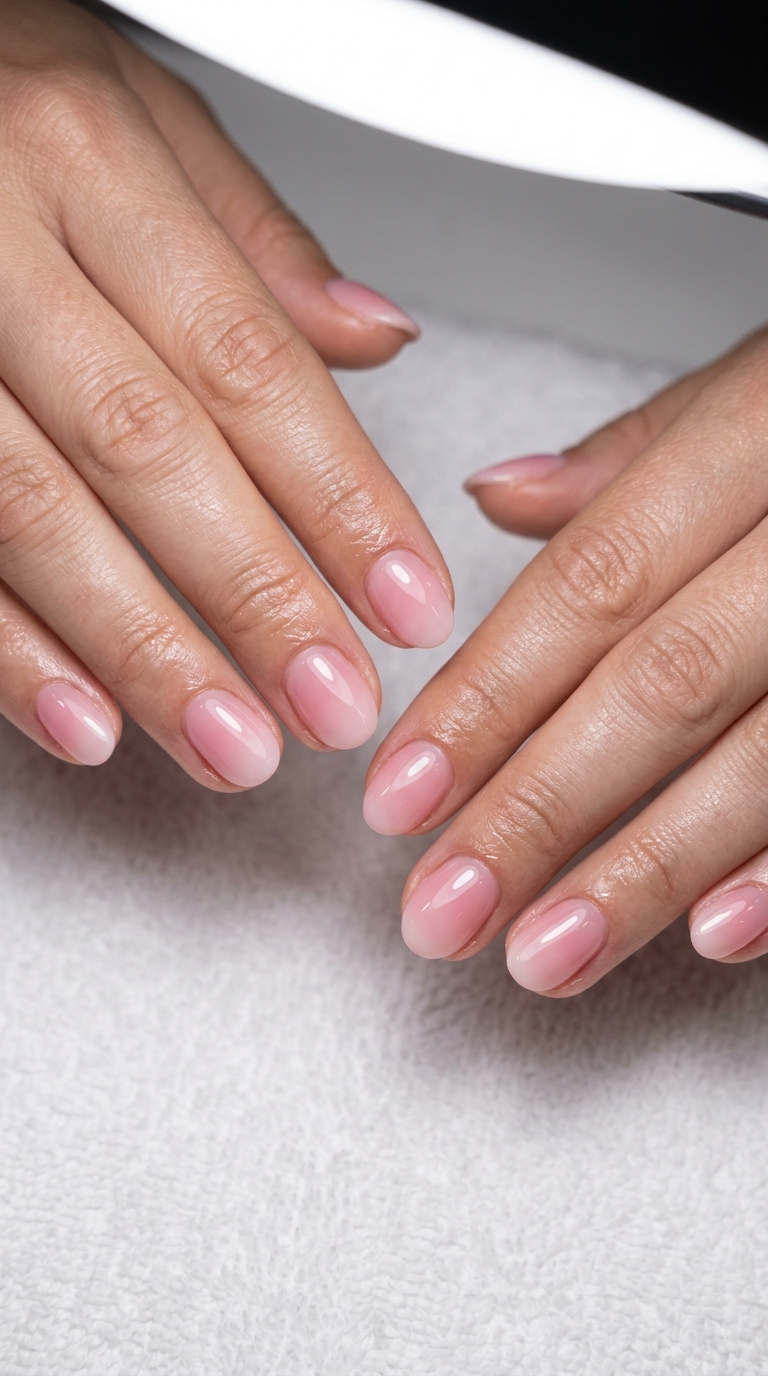 Pink Ombre Coffin Nails 2026 | Summer Elegant Blush Pink Gradient Ombre nails for summer elegant nails 2026. Romantic milky pink blending into sheer pink.