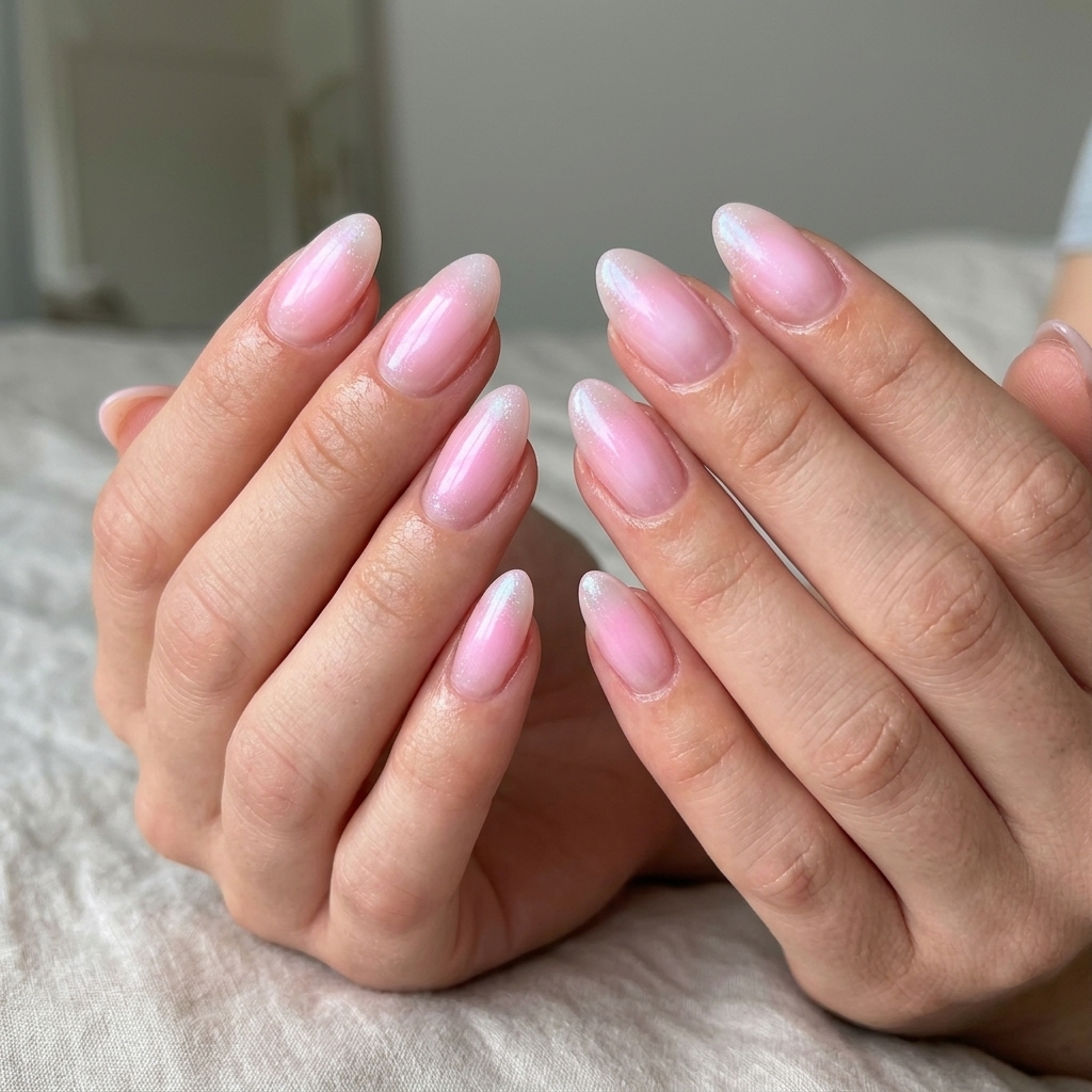 Ethereal Pink Aura Nails 2026: Romantic Glamour Ethereal Pink Aura Gradient nails for summer elegant nails 2026. Romantic, soft pink with iridescent shimmer for date night.
