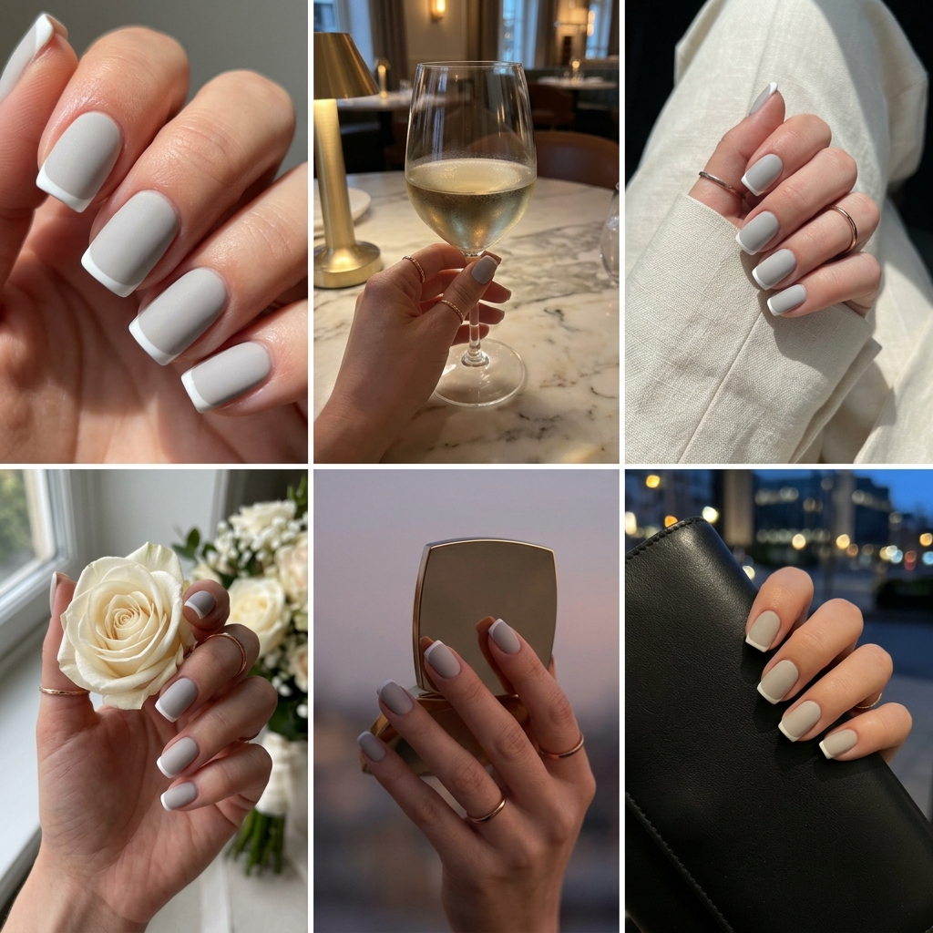 Matte Grey French Nails 2026: Edgy Sophistication Matte Grey Contrast French nails for summer elegant nails 2026. Sophisticated, edgy look for daily, work, minimalist chic.
