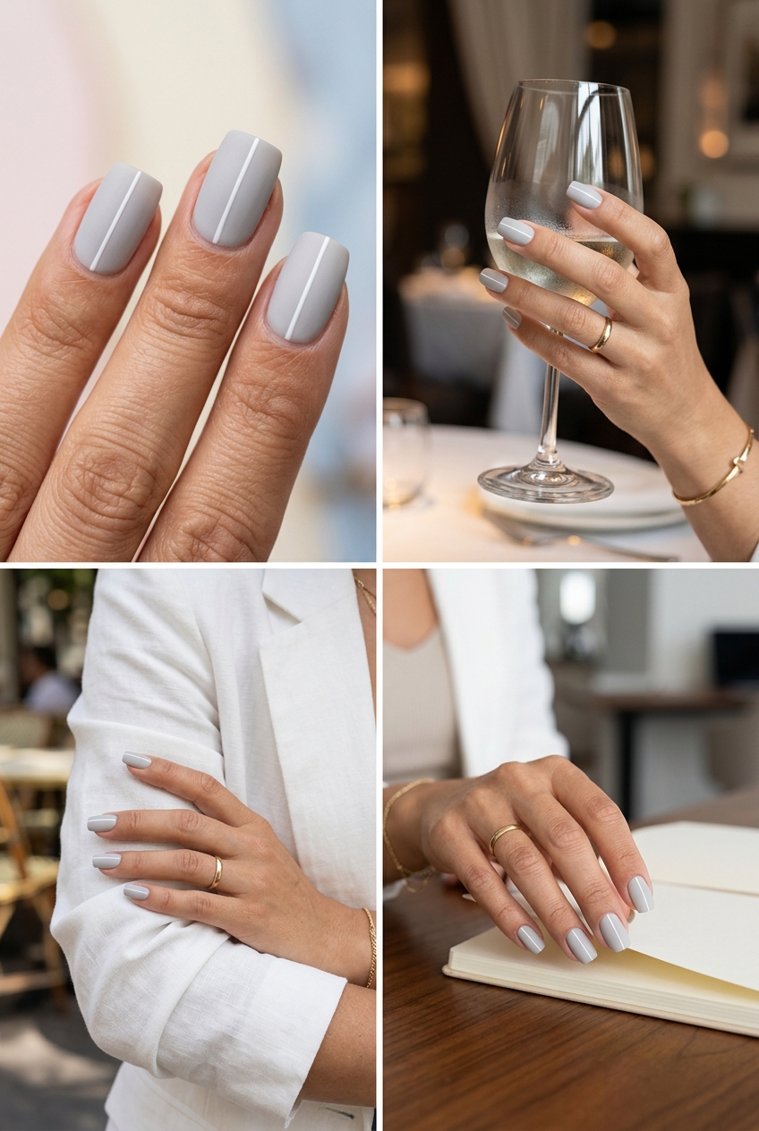 Summer Elegant Nails 2026: Minimalist Line Art Grey Chic minimalist line art grey nails for summer elegant nails 2026 daily wear.