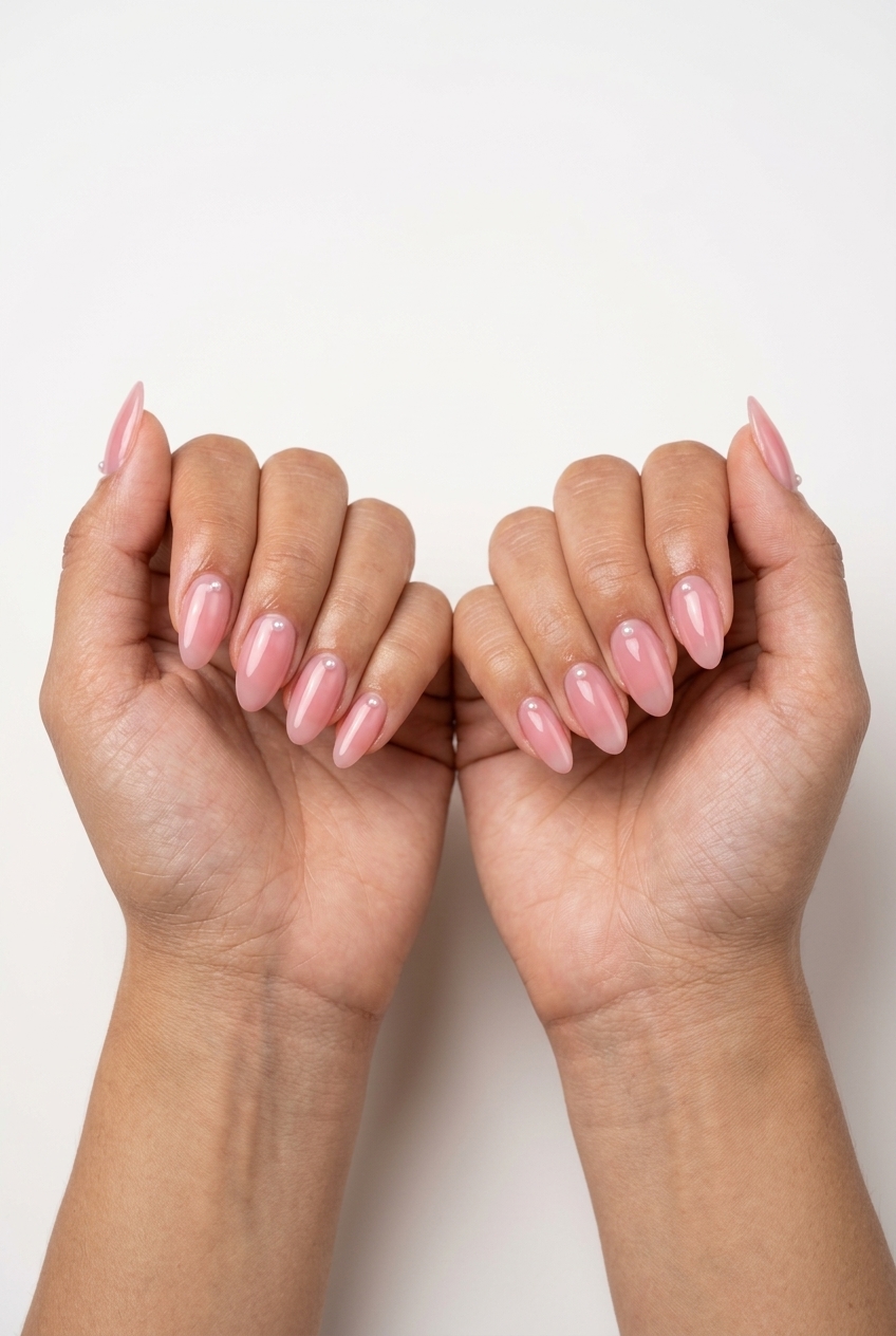 Summer Elegant Nails 2026: Pearl Kissed Pink Elegant sheer pink nails with pearl accents for summer elegant nails 2026 wedding or date night.