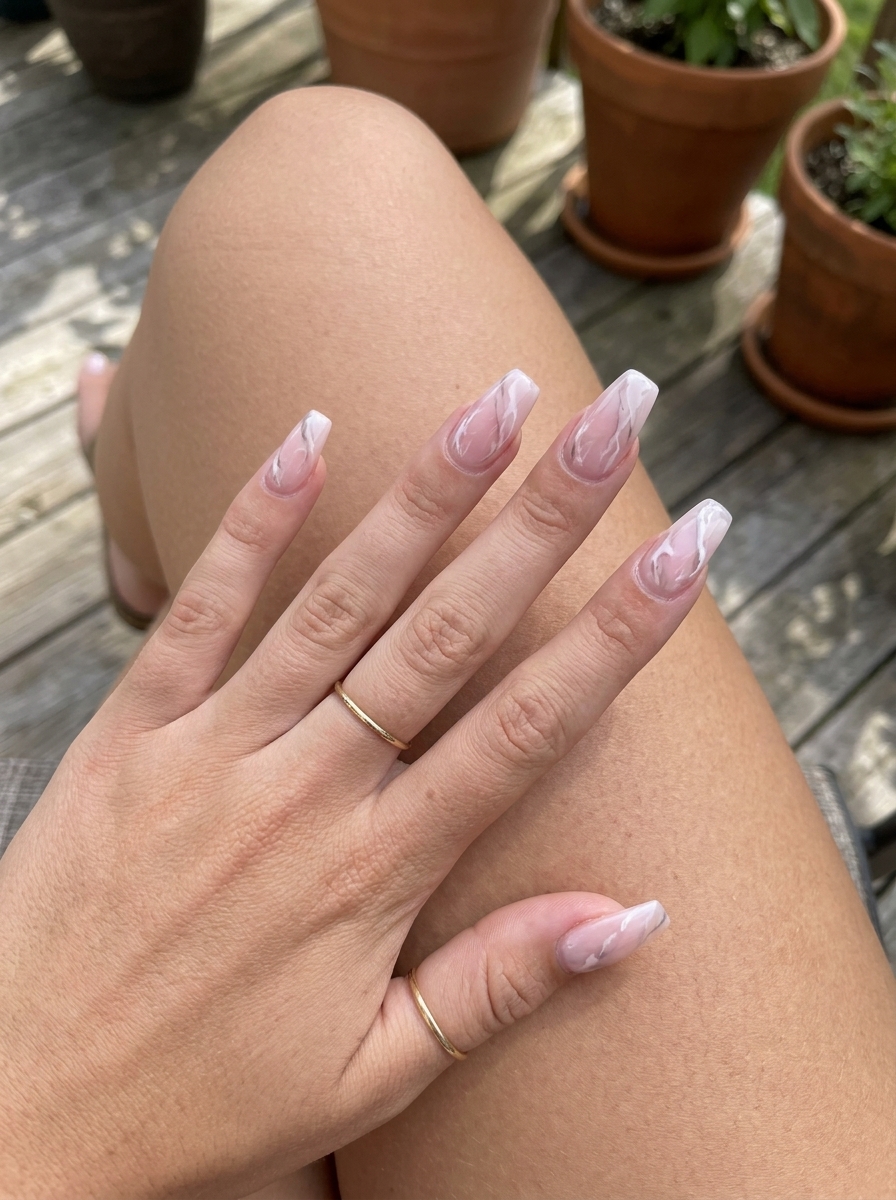 Summer Elegant Nails 2026: Rosy Marble Coffin Sophisticated rosy marble coffin nails for summer elegant nails 2026 formal events.