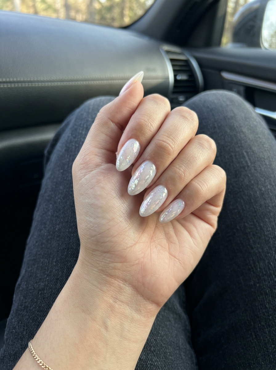 Milky White Foil Nails 2026 | Summer Elegant Shimmering Milky Flakes nails for summer elegant nails 2026. Milky white with iridescent pearl and silver foil.