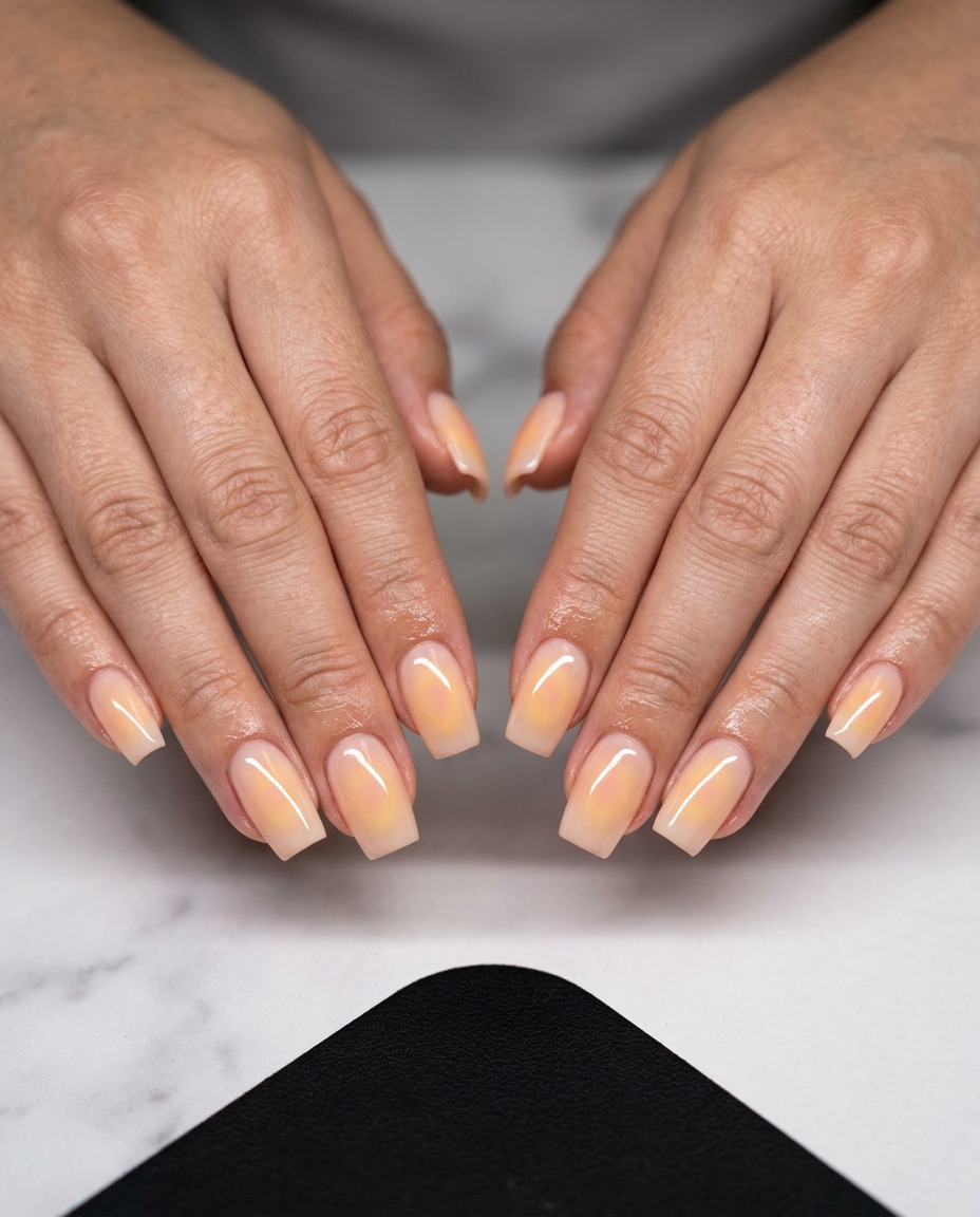 Sun-Kissed Aura Glow Nails 2026: Vacation Ready Sun-Kissed Aura Glow nails for summer elegant nails 2026. Pale peach with soft yellow/pink blend for vacation, casual.