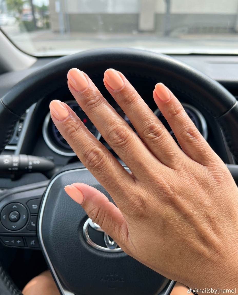 Peach Glossy Oval Nails 2026 | Summer Elegant Sun-Kissed Peach Glossy Oval nails for summer elegant nails 2026. Playful pale peach with a high-gloss finish.