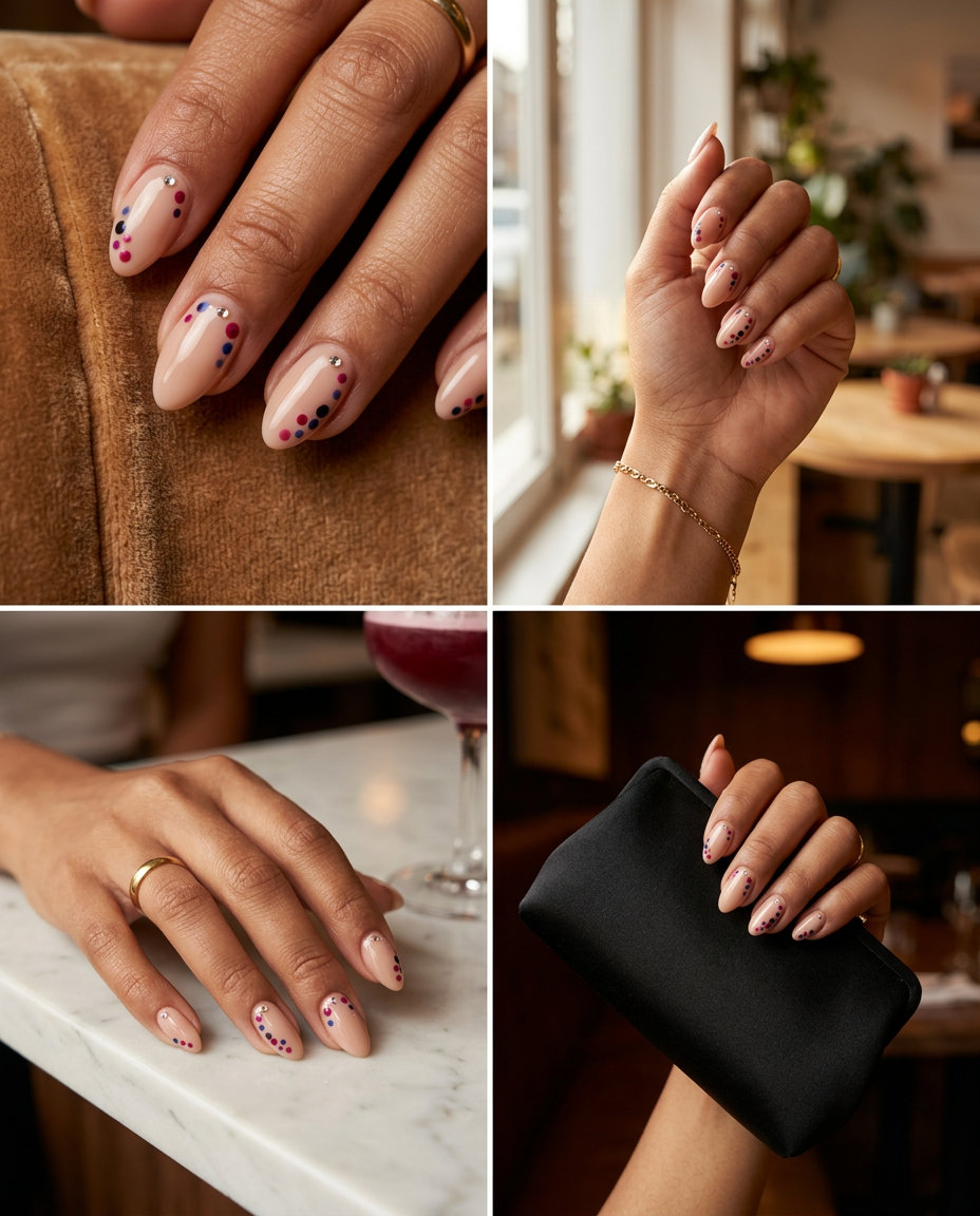 Berry Jewel Accents nails for summer fruits nail art 2026, with nude base and mixed berry dots with rhinestones.