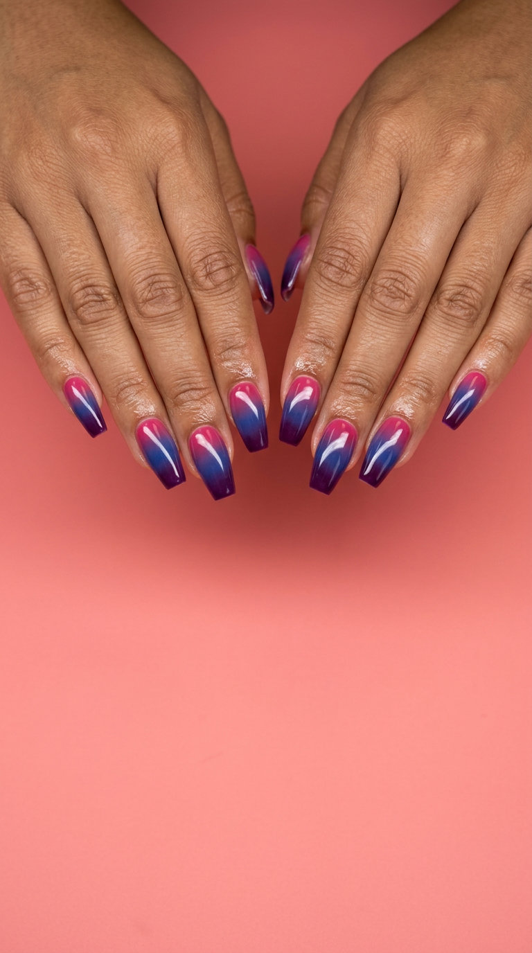 Mixed Berry Ombre Coffin nails for summer fruits nail art 2026, blending raspberry pink, blueberry blue, and blackberry purple.