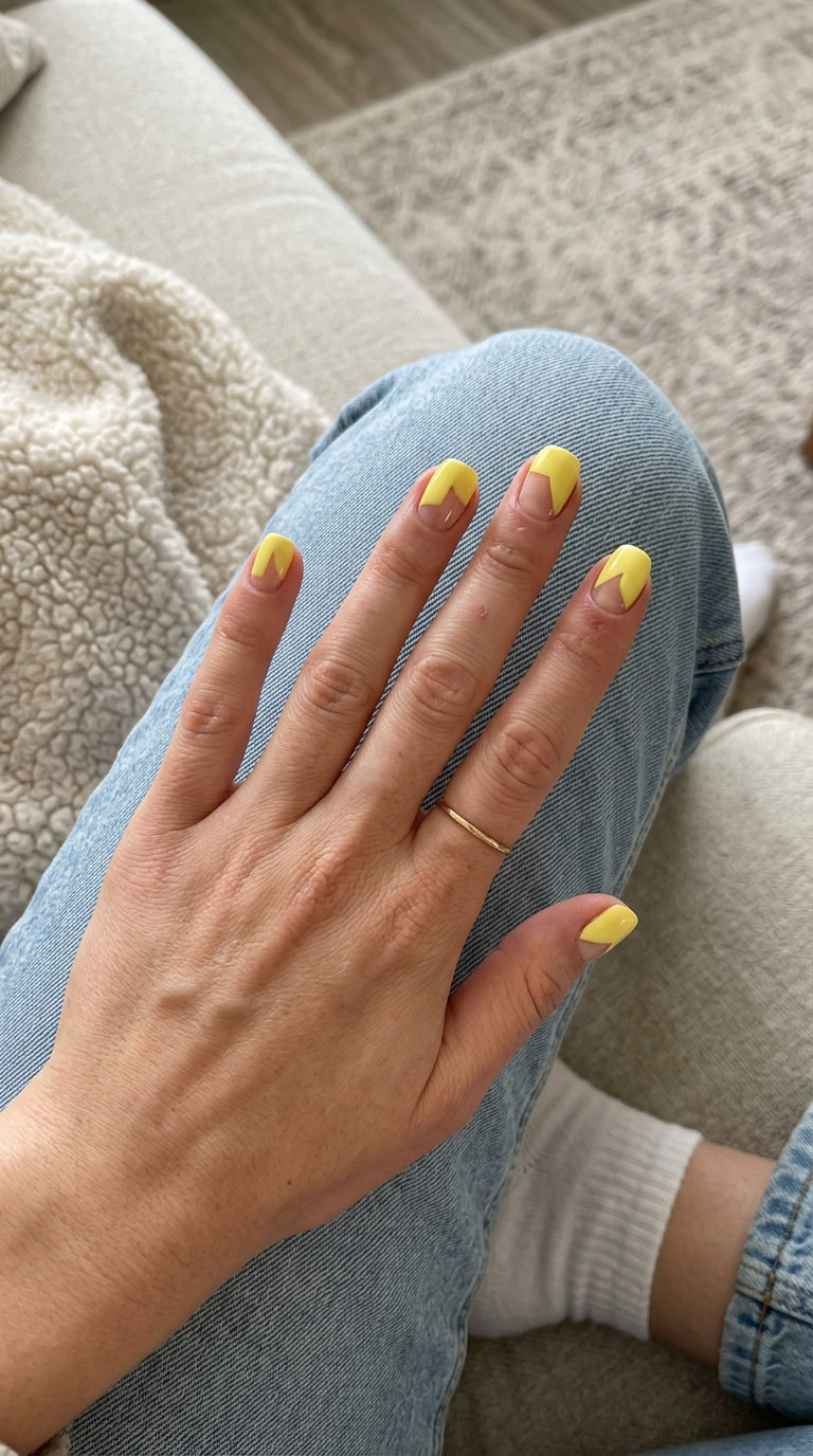 Lemon yellow negative space nails for summer fruits nail art 2026. Minimalist short square nails with bright lemon yellow geometric accents.