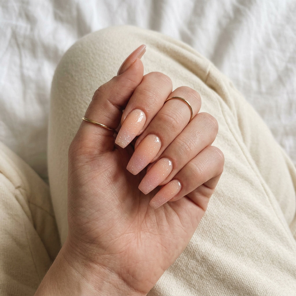 Peach Ombre Glitter Glow nails for summer fruits nail art 2026. Soft peach, pink, and holographic glitter.