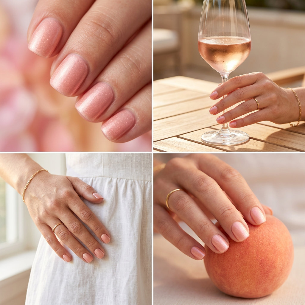 Peach skin shimmer squoval nails for summer fruits nail art 2026. Romantic short squoval nails with a soft peach and pearlescent shimmer finish.