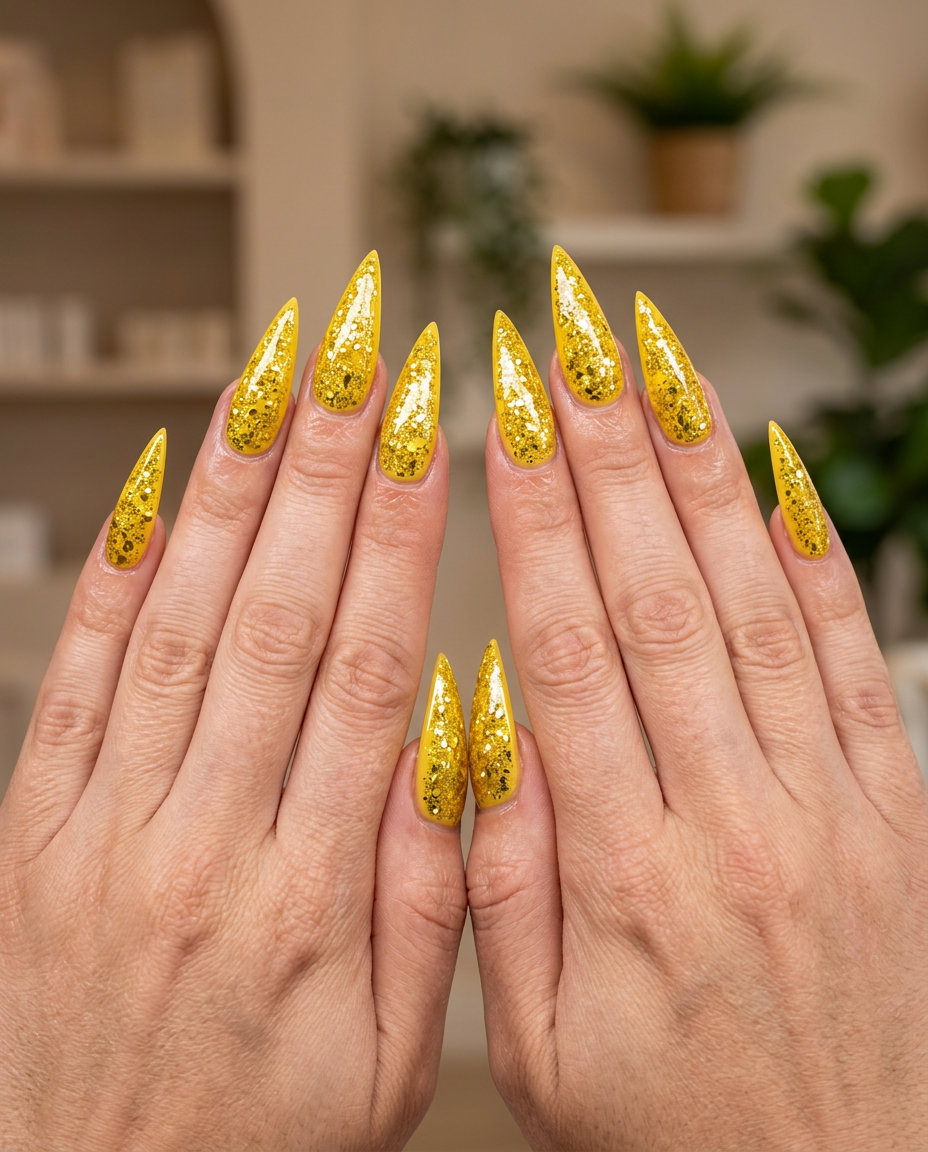 Pineapple Chunk Glitter stiletto nails for summer fruits nail art 2026. Glamorous, festive design for parties.