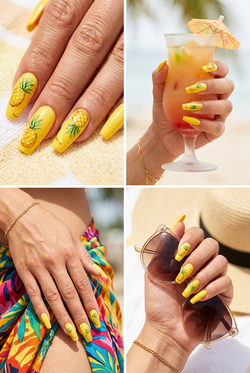 Pineapple Slice Art Coffin nails for summer fruits nail art 2026, featuring realistic yellow pineapple designs.