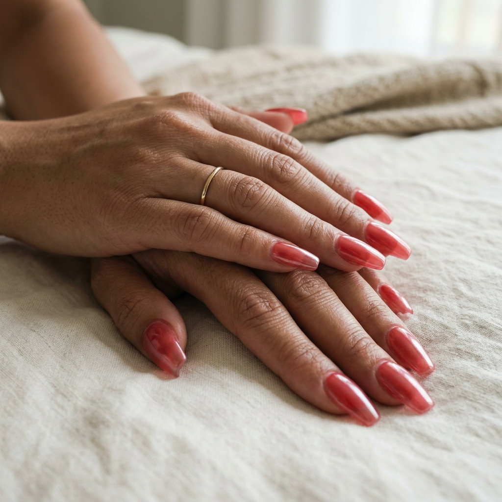 Strawberry jelly almond nails for summer fruits nail art 2026. Sweet medium almond nails with vibrant strawberry red jelly and pearl glaze finish.
