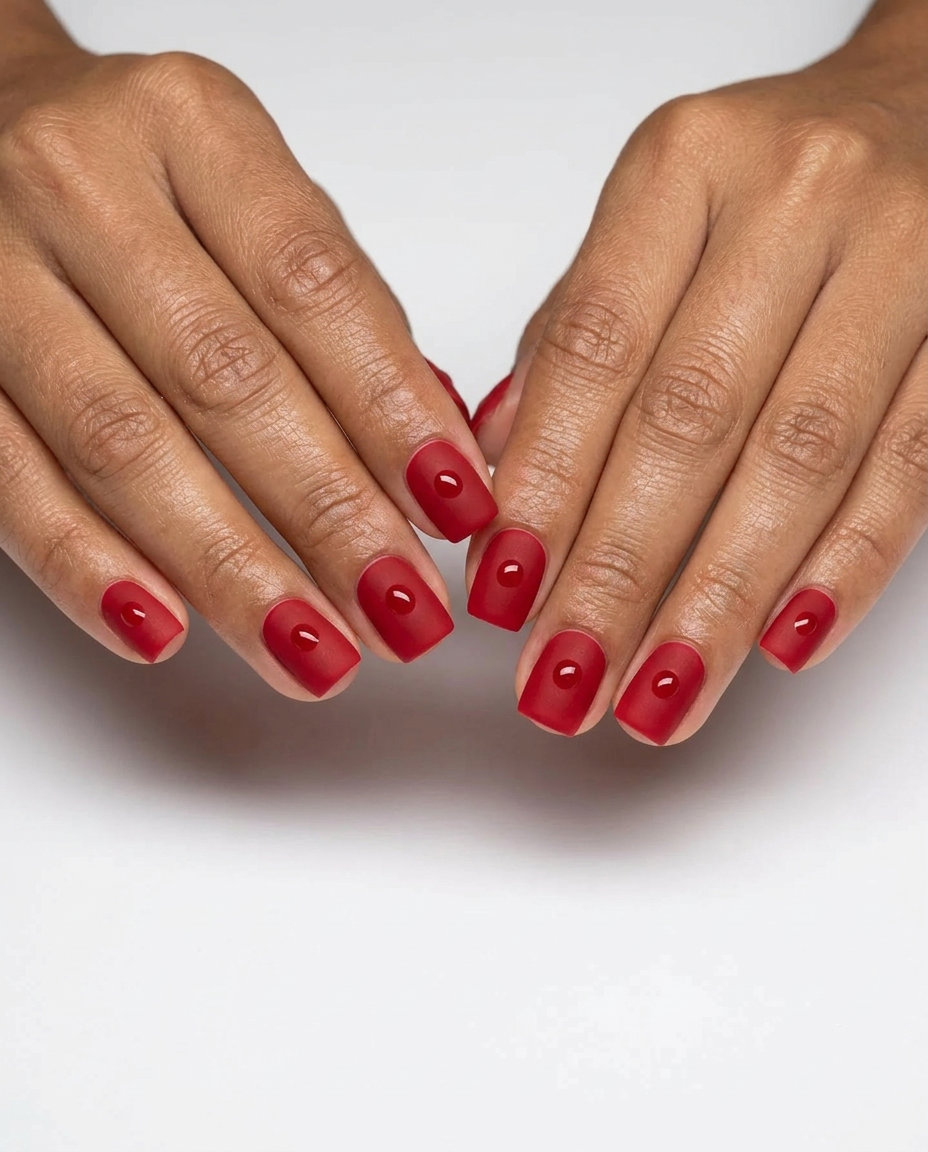 Red Textured Dots Nails 2026 Classic red textured dots matte/glossy nails for summer holiday nails 2026. Retro, everyday chic style.