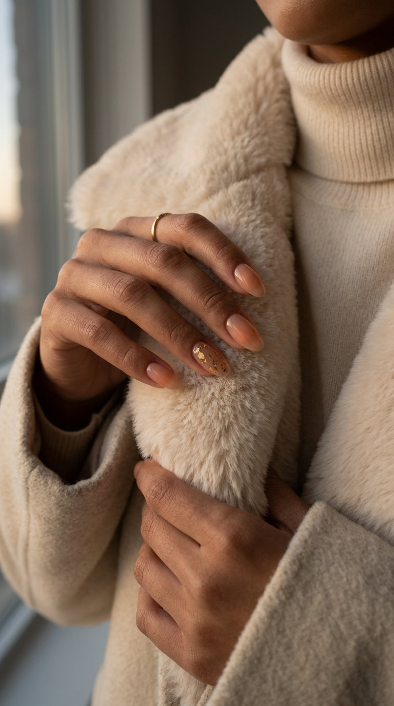 Summer Holiday Nails 2026: Chic Gold Foil Nude Golden Hour Foil Nude Ovals nails for summer holiday nails 2026, subtle warm gold shimmer on sheer nude.