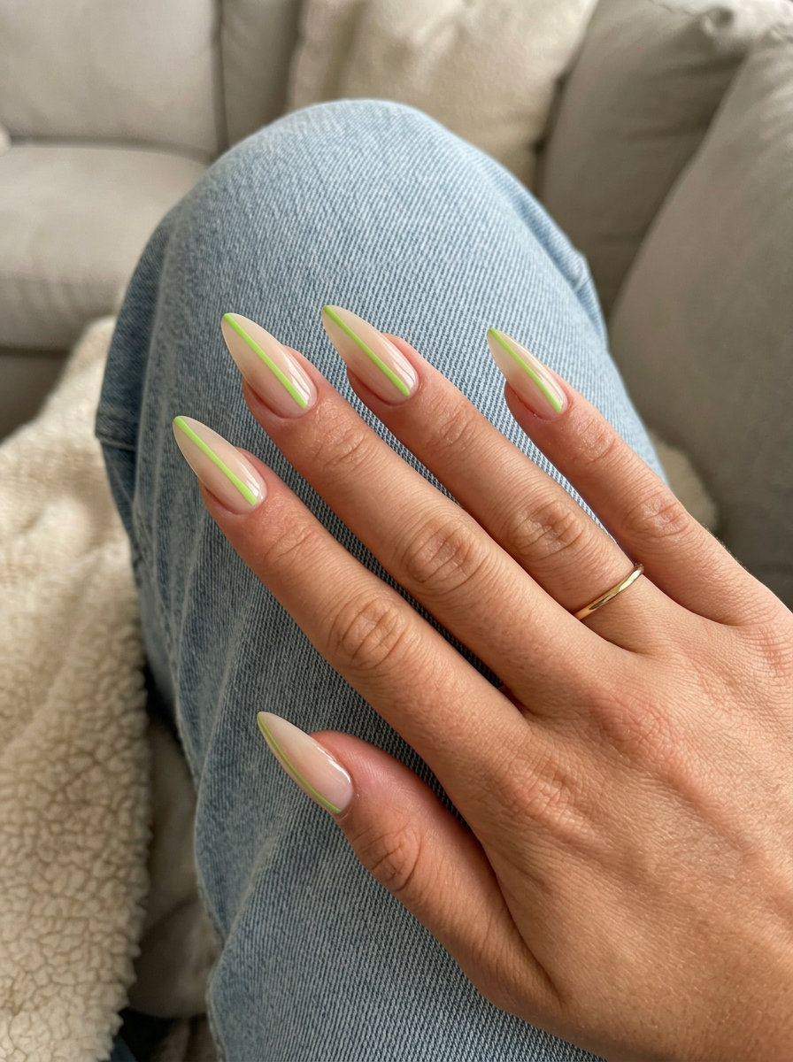 Lime Green Line Art Nails 2026: Festival Ready Style Minimalist Green Line Art Stiletto: Edgy summer holiday nails 2026 for festivals or parties.