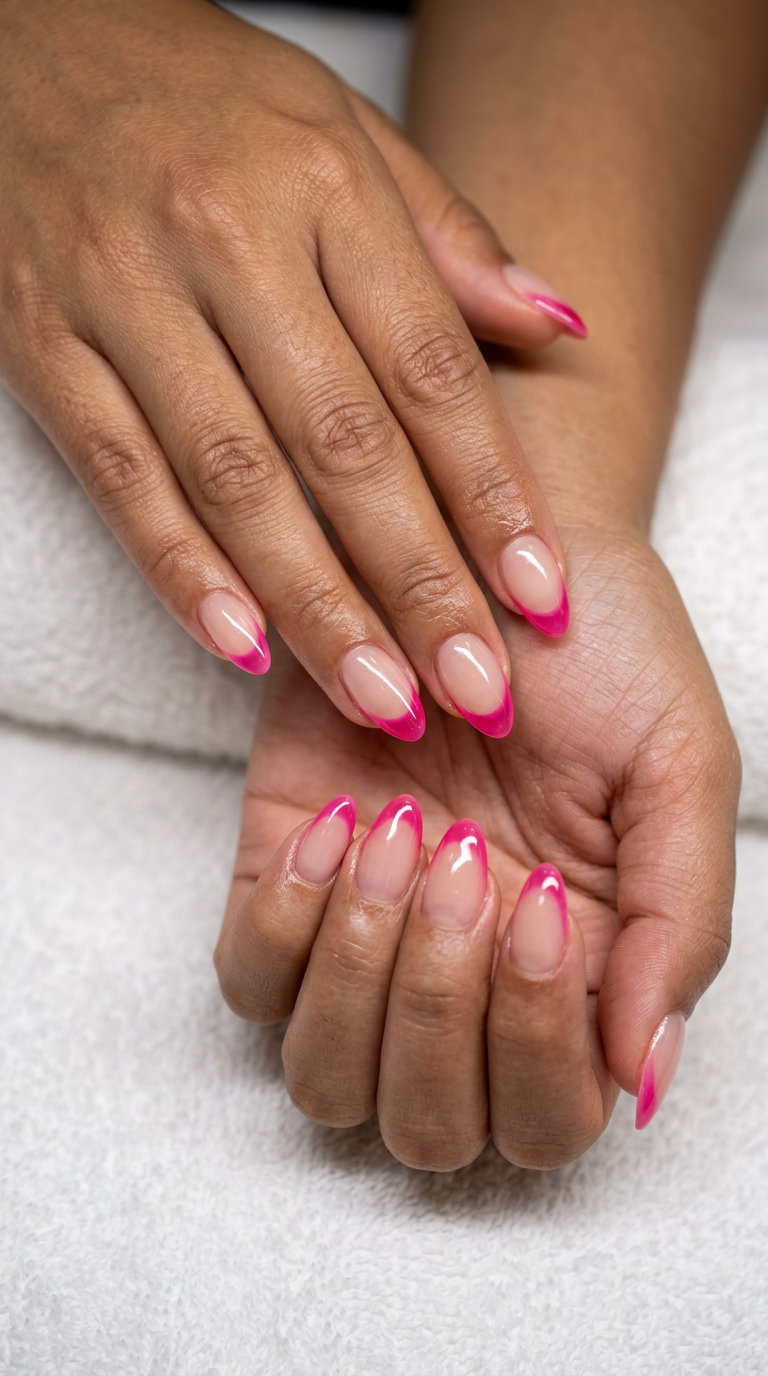 Hot Pink Jelly Reverse French: Bold summer holiday nails 2026 for parties or festivals.