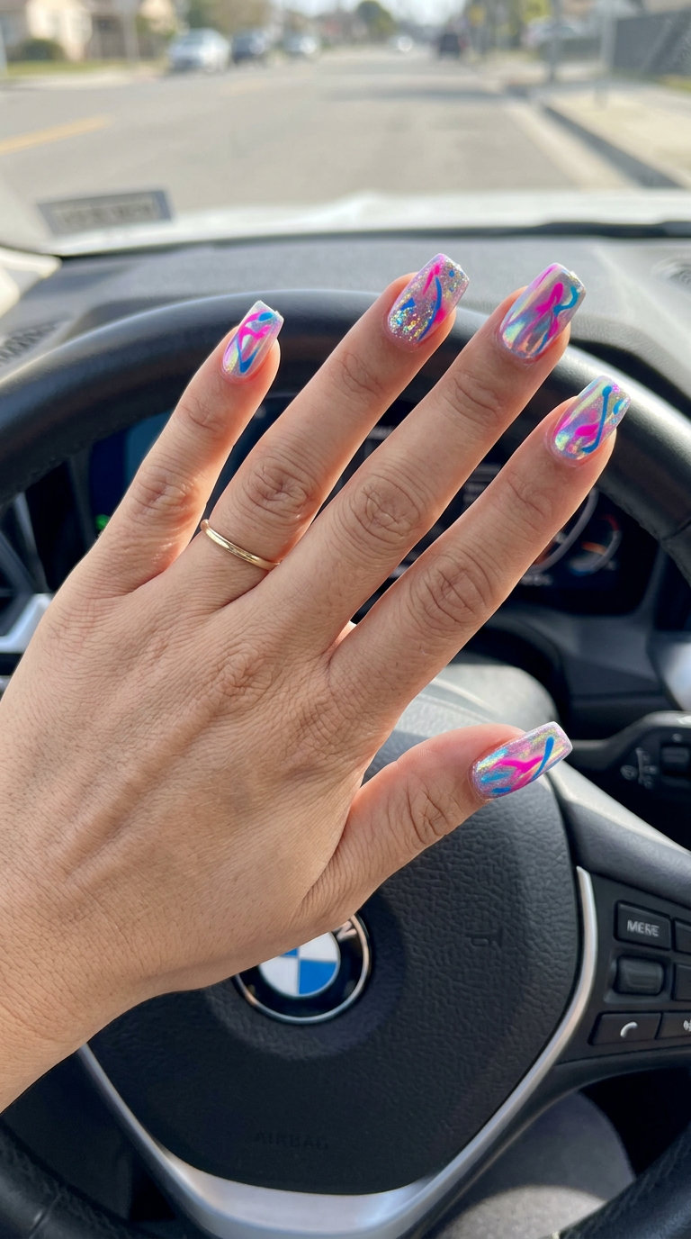 Iridescent Chrome Art Nails 2026: Glamorous Party Look Iridescent Chrome Abstract Squares: Glamorous summer holiday nails 2026 for festivals or parties.