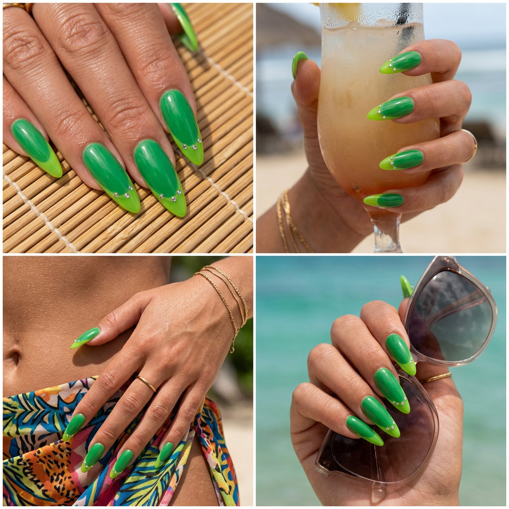 Lime Green Jelly French Nails 2026: Vibrant Vacation Style Lime Green Jelly Accent French: Playful summer holiday nails 2026 for vacations or casual outings.