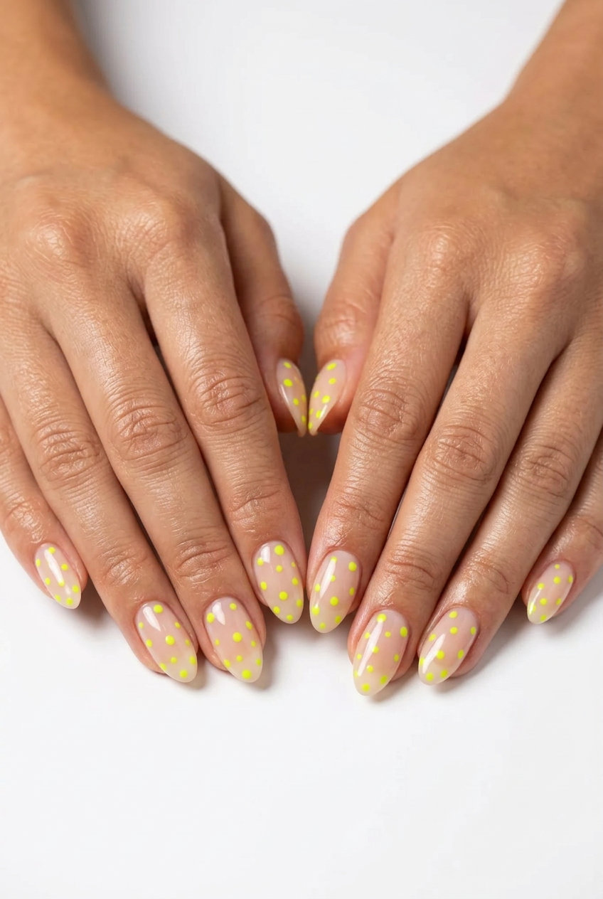 Neon Yellow Dots Almond Nails 2026 Playful neon yellow dots on sheer nude almond nails for summer holiday nails 2026. Casual weekend & vacation style.