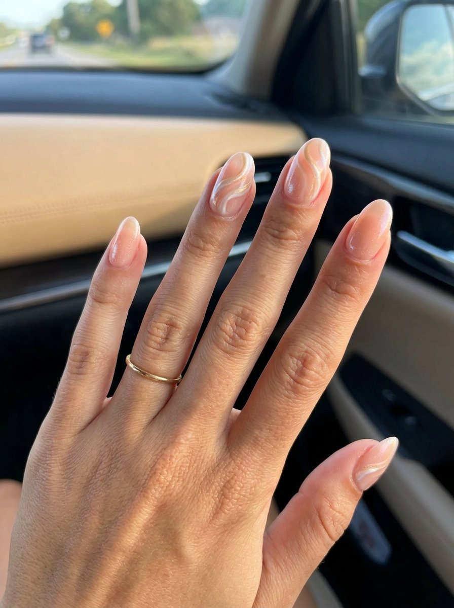 Peach Fuzz Swirl Nails 2026: Romantic Wedding Guest Style Peach Fuzz Pearlescent Swirls: Romantic summer holiday nails 2026 for wedding guest or date night.