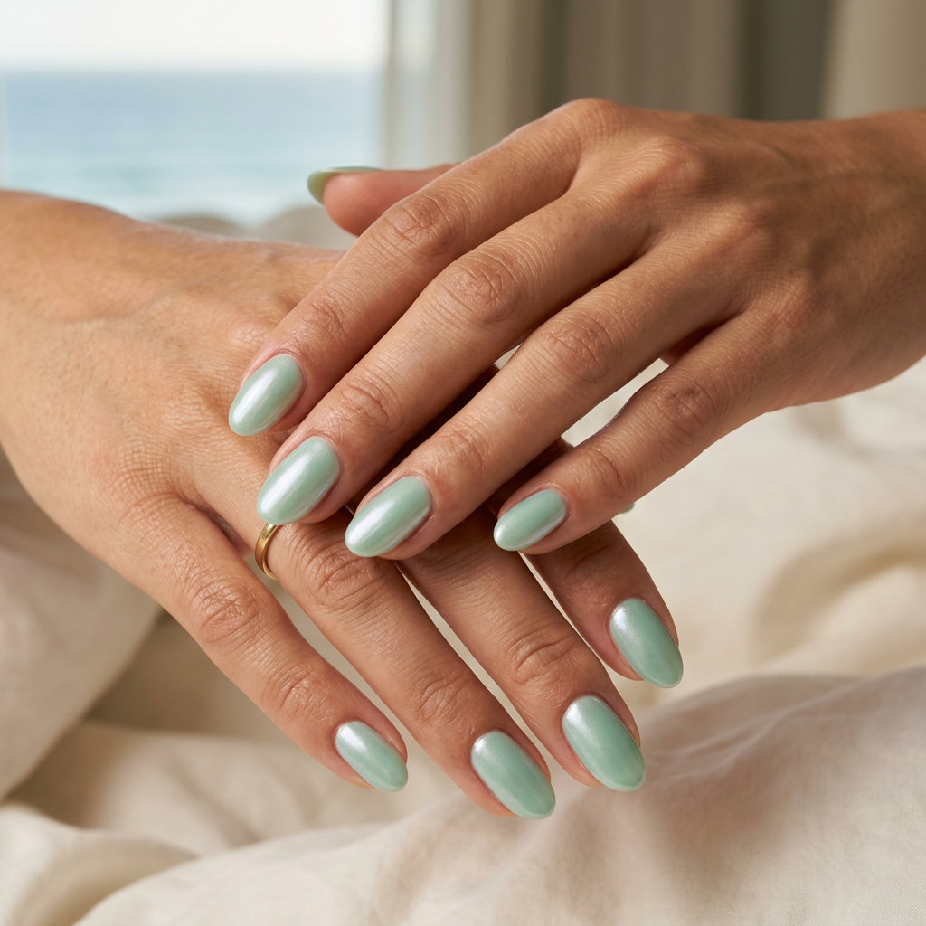 Seafoam Pearlescent Oval Nails 2026 Seafoam pearlescent oval nails for summer holiday nails 2026. Clean-girl, beach trip, vacation style.