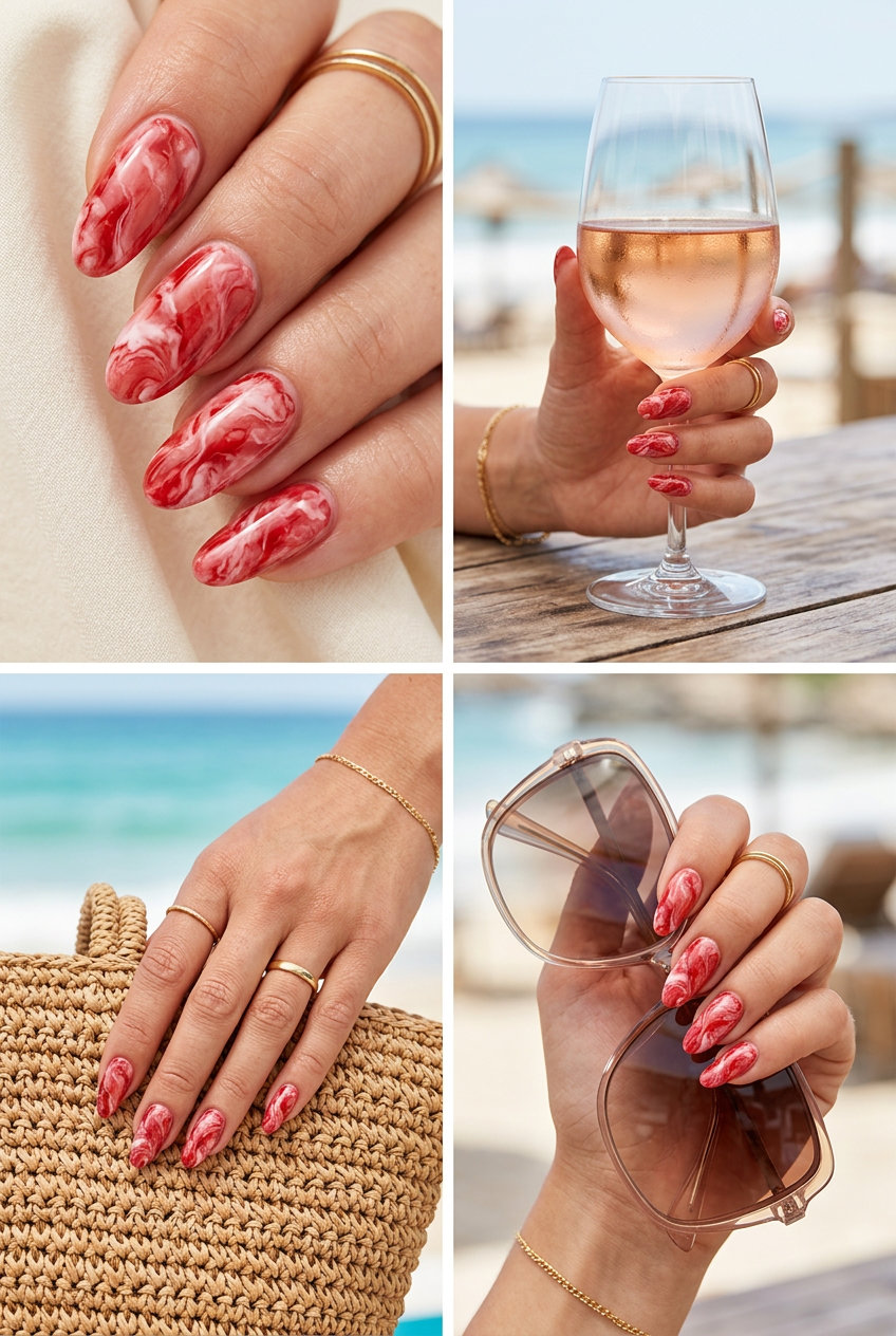 Summer Holiday Nails 2026: Artistic Marble Oval Sophisticated Marble Oval nails for summer holiday nails 2026, artistic deep red and white design for formal events.