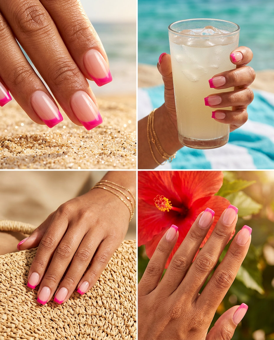 Summer Holiday Nails 2026: Playful Pink Reverse French Vibrant Reverse French Square nails for summer holiday nails 2026, playful hot pink accent on sheer nude base.