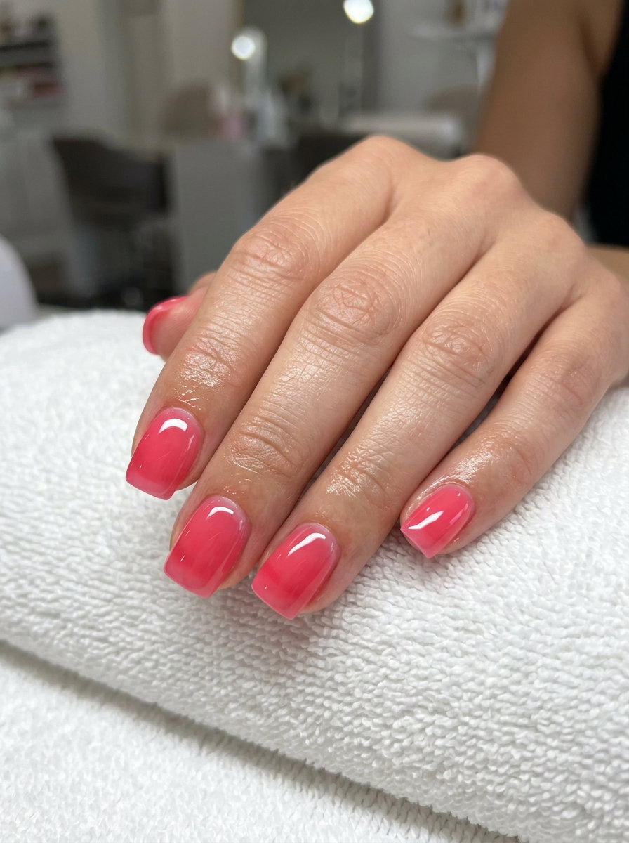 Watermelon Pink Jelly Square Nails 2026 Juicy watermelon pink jelly square nails for summer holiday nails 2026. Playful vacation, summer fun style.