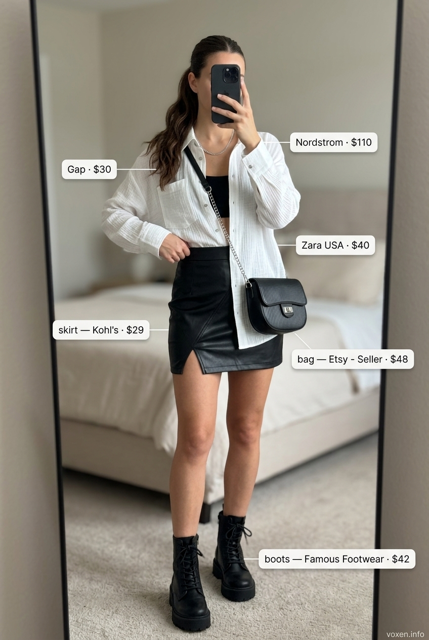 Summer Leather Skirt Outfits 2026: Edgy City Style Edgy summer leather skirt outfit: Black mini skirt, oversized white shirt, combat boots, and silver jewelry.