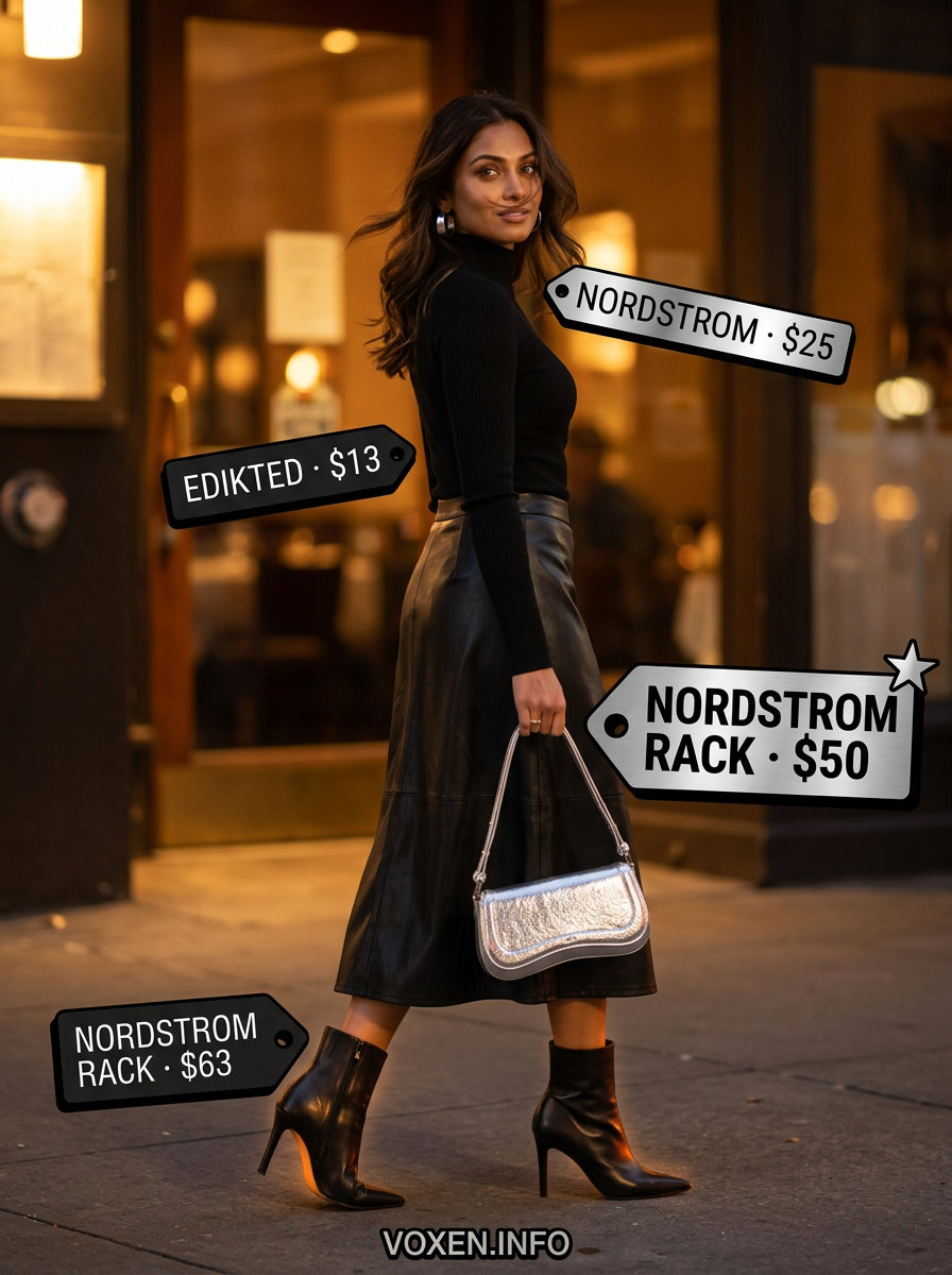 Monochrome Leather Skirt Outfits 2026 Chic monochrome black leather skirt outfit for women, perfect for evening dinners or concerts in 2026.