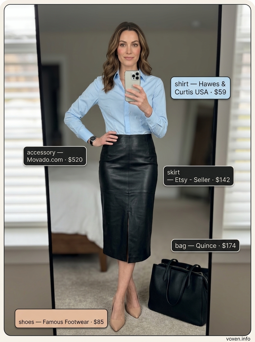 Summer Leather Skirt Outfits 2026: Polished Office Look Professional summer leather skirt outfit: Black pencil skirt, light blue shirt, nude pumps, and tote bag.