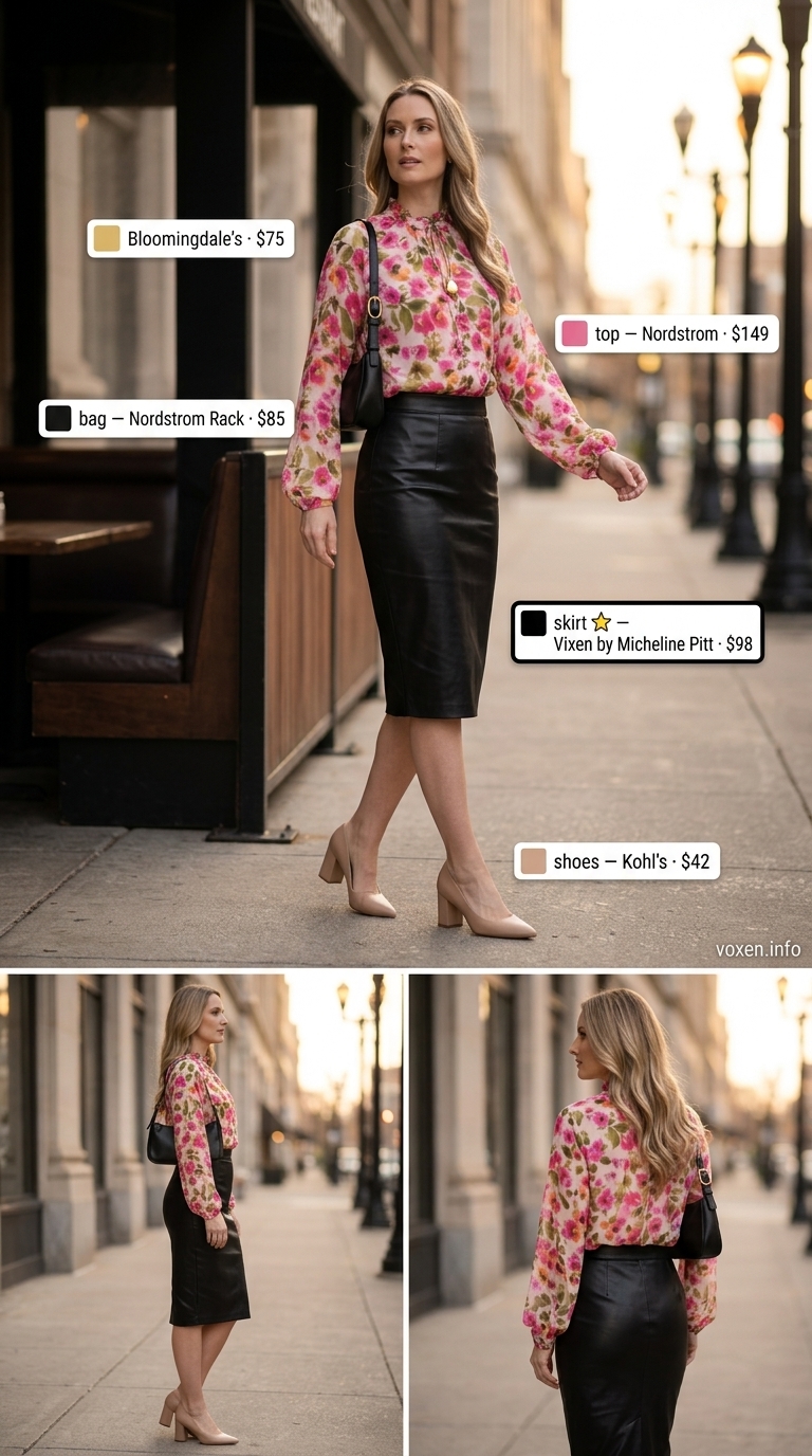 Summer Leather Skirt Outfits 2026: Romantic Dinner Date Romantic summer leather skirt outfit: Black pencil skirt, floral blouse, nude pumps, and gold necklace.