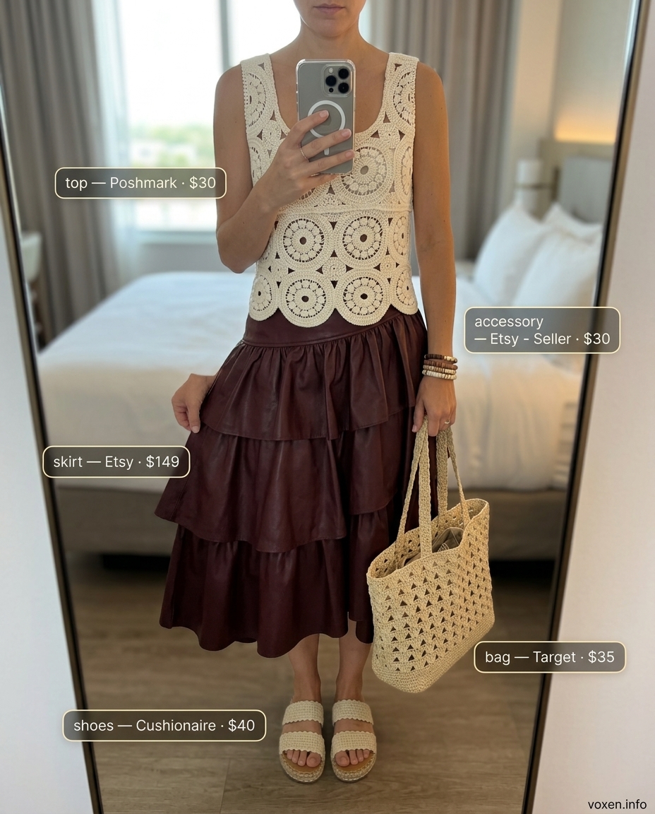Boho Beach Summer Leather Skirt Outfits 2026 Boho summer leather skirt outfit: Burgundy midi skirt with crochet top and espadrilles for beach day 2026.